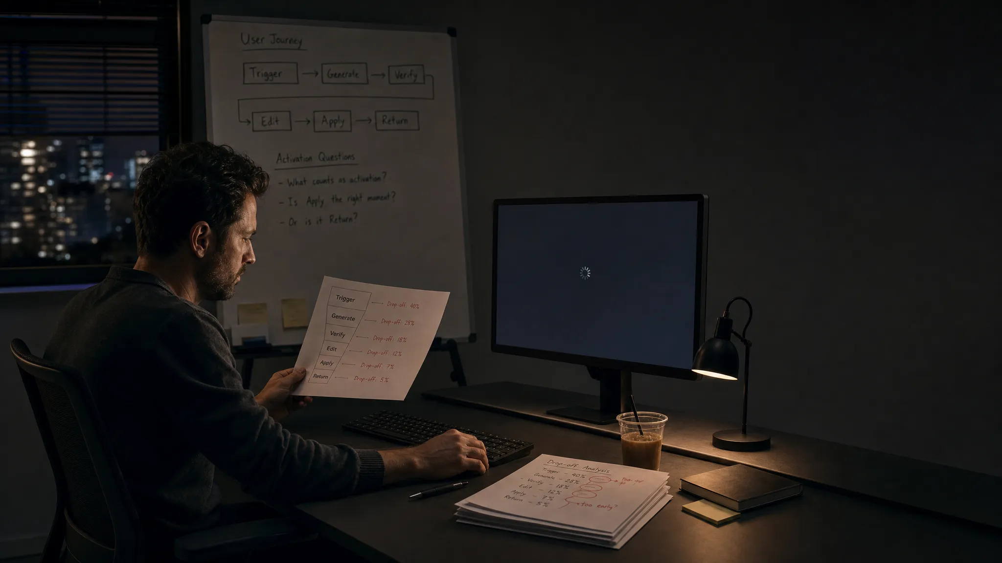 Landscape late-evening office scene with a single product manager seated left-of-center at a desk, reviewing a printed funnel sheet that traces trigger, generate, verify, edit, apply, and return. A monitor faces the camera and shows an empty metrics view with a waiting cursor and no content visible. On the desk are a pen, a cold coffee, and a few stacked notes with drop-offs marked by hand. A whiteboard in the background has a simple flow map and a couple of unresolved questions about what counts as activation. One hand rests on the paper while the other hovers near the keyboard, as if deciding whether the team is measuring the right moment. Practical monitor glow and a small desk lamp provide the only light. Deep, clean shadows, quiet and slightly tense mood, with open space on the right for text overlay.