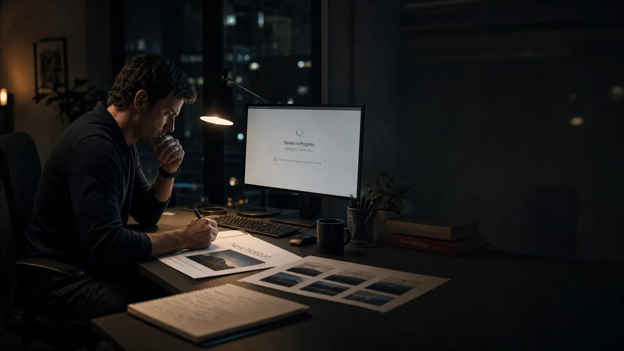 Landscape late-evening office scene with a single product manager seated near the left side of the frame, leaning over a desk with a printed output sample covered in one visible mistake, a local correction, and a version comparison sheet. A monitor faces the camera and shows an unresolved review state with a waiting cursor and a small inline warning on an otherwise empty workspace. One hand holds a pen above the page while the other rests near the keyboard, as if deciding whether to fix the draft or send it back for another pass. Practical monitor glow and a desk lamp provide the only light. Deep clean shadows, restrained cool tone with one subtle amber accent, quiet and tense mood, with open space on the right for text overlay.
