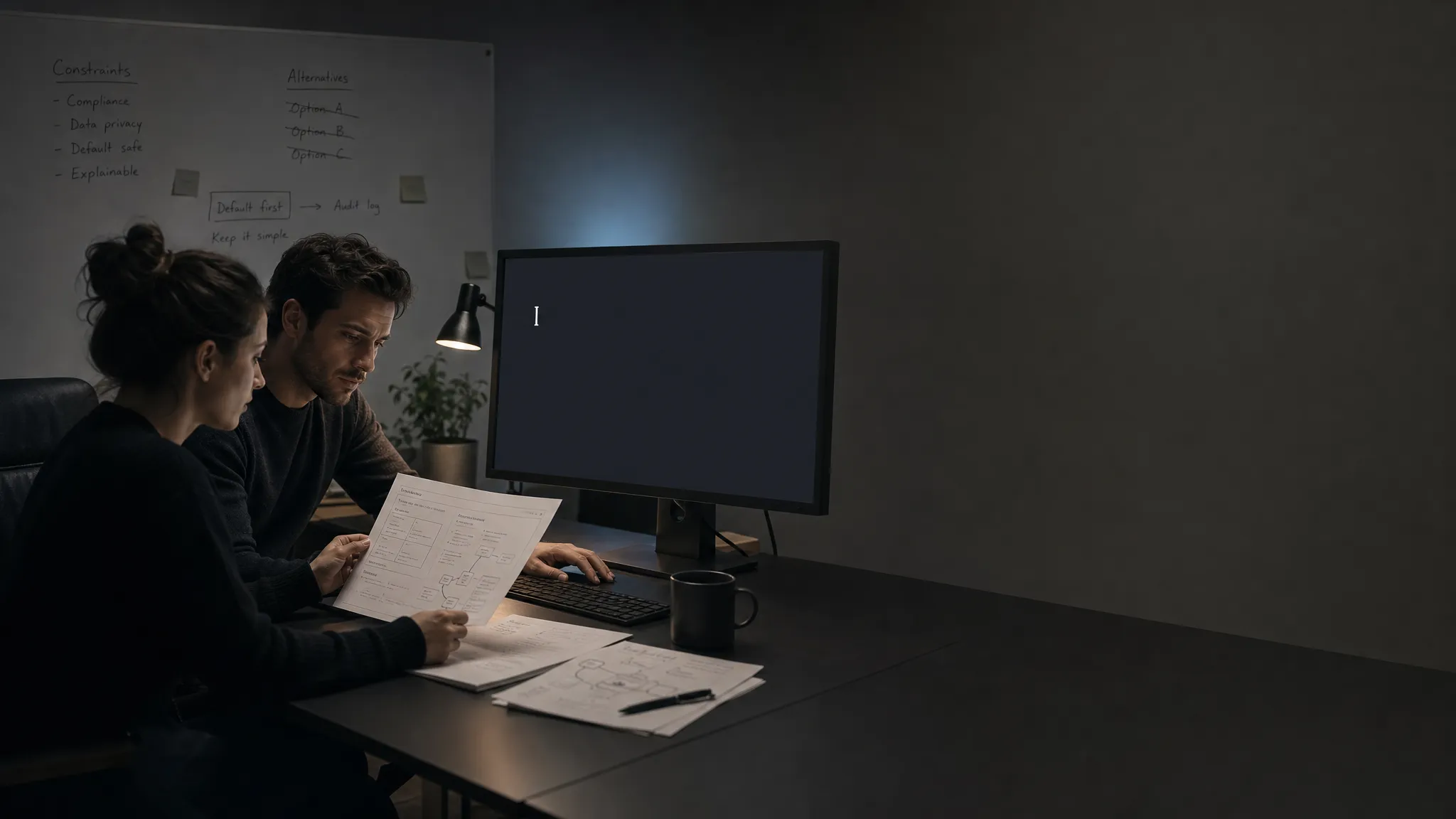 Landscape late-evening office scene with two product teammates seated left-of-center at a desk, quietly reviewing a printed set of design defaults and a marked-up flow on paper. One person studies the page while the other keeps a hand near the keyboard, as if deciding what the AI should assume before the next generation run. A monitor faces the camera and shows an empty prompt state with a waiting cursor and no other content. A whiteboard in the background carries a few simple constraint notes and crossed-out alternatives. Practical monitor glow and a small desk lamp provide the only light. Deep, clean shadows, desaturated base with one restrained cool accent, quiet and slightly tense mood, with open space on the right for text overlay.