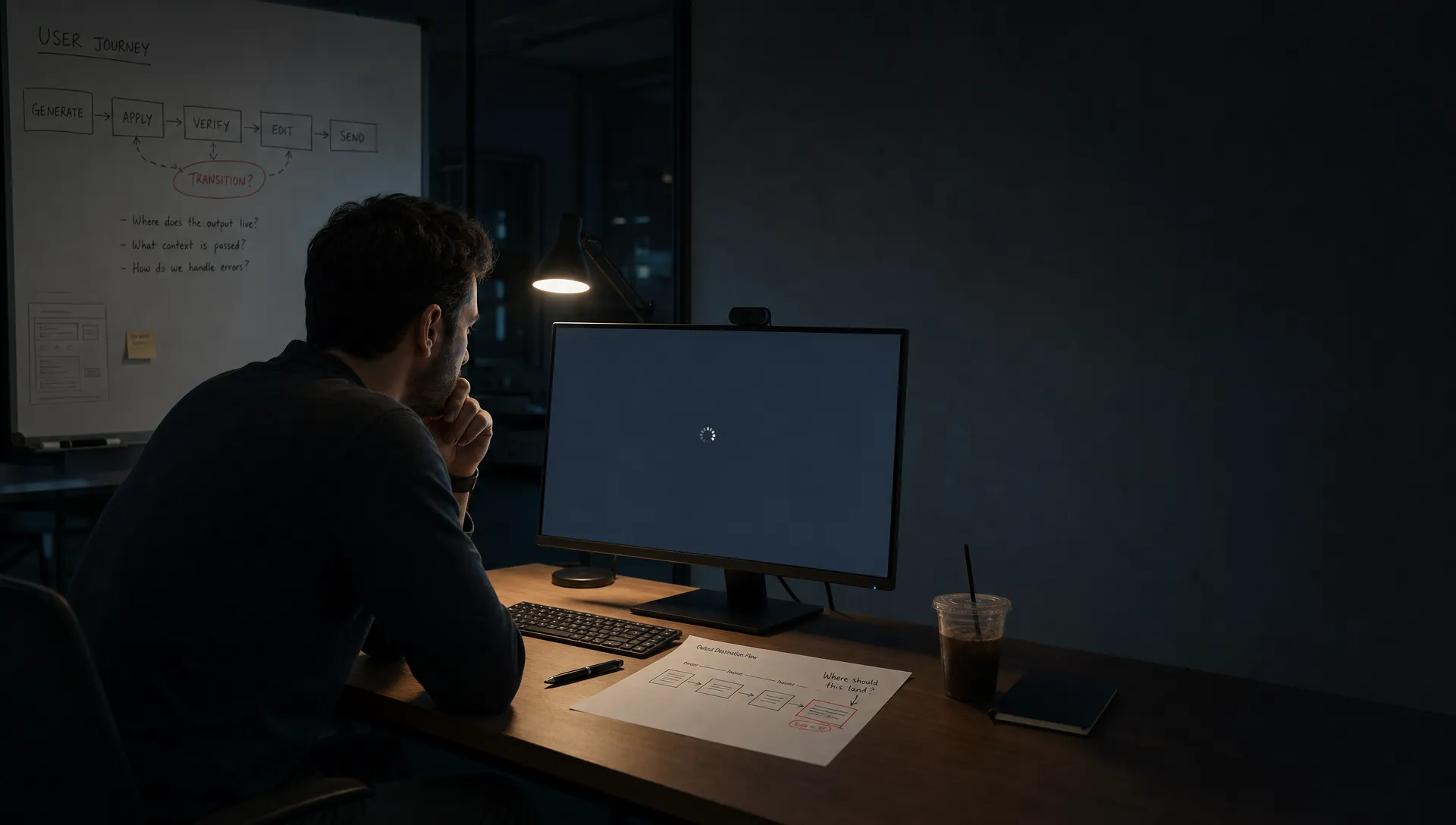 Landscape late-evening office scene in a quiet product workspace, with a single product manager left of center leaning over a desk and studying a monitor that faces the camera and shows a blank assistant state with a waiting cursor and no content visible. On the desk are a keyboard, a printed workflow page with marked-up notes about where output should land, a pen, and a cold coffee. Behind them, a whiteboard maps a simple path from generated output to apply, verify, edit, and send, with one hand-drawn transition circled as unresolved. The room is mostly dark, lit only by monitor glow and a desk lamp, with deep clean shadows, a restrained cool-toned accent, and open space on the right for text overlay.