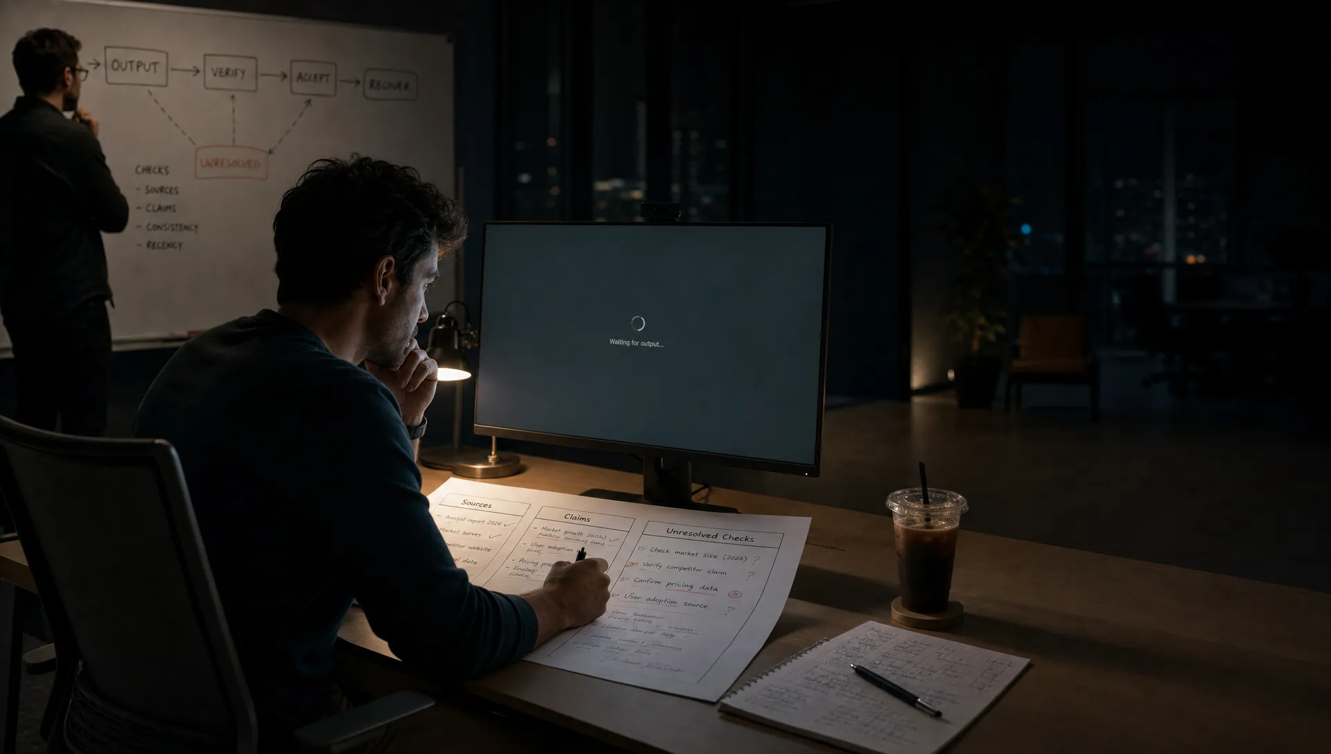 Landscape late-evening office scene in a quiet product workspace, with one product manager seated near the left side of the frame and leaning toward a monitor that faces the camera and shows a blank review state with a waiting cursor and no content visible. Their hand is paused above a printed comparison sheet covered in notes about sources, claims, and unresolved checks, as if deciding whether the output is safe to use. A second person stands farther back on the left, studying a whiteboard with a rough path from output to verify to accept to recover, one branch still unresolved. The desk holds a cold coffee, a pen, and a few marked pages. The room is mostly dark, lit by monitor glow and a small desk lamp, with deep clean shadows, a restrained cool-toned accent, and open space on the right for text overlay.