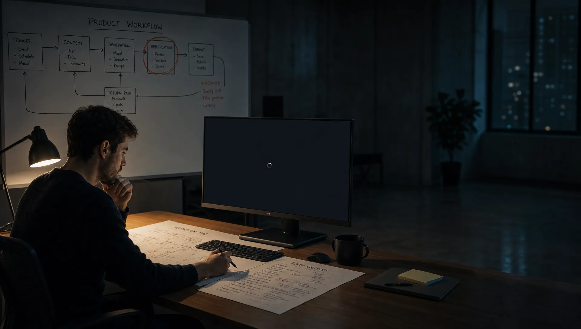Landscape late-evening office scene in a quiet product workspace, with a single product lead left of center studying a printed workflow map and a marked-up review checklist spread across the desk. A monitor on the desk faces the camera and shows a blank output state with a waiting cursor and nothing displayed behind it. One hand hovers over the keyboard while the other holds a pen above the notes, as if deciding where the workflow breaks. In the background, a whiteboard connects trigger, context, generation, verification, commit, and return path, with the verification step circled as unresolved. The room is mostly dark, lit only by monitor glow and a desk lamp, with deep clean shadows, a restrained cool-toned accent, and open space on the right for text overlay.