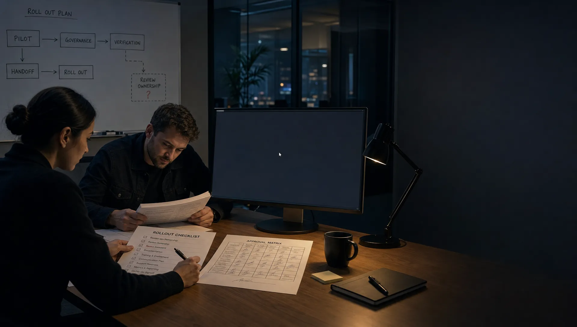 Landscape late-evening office scene in a quiet enterprise product workspace, with two people seated near the center-left reviewing a printed rollout checklist and a marked-up approval matrix on the table. A monitor faces the camera and shows a blank decision workspace with a waiting cursor and no content visible. One person is holding a pen over a line item about review ownership while the other studies a stack of policy notes. On the wall behind them is a whiteboard with a rough map of pilot, governance, verification, handoff, and rollout, with one branch left unresolved. The room is mostly dark, lit by monitor glow and a desk lamp, with deep clean shadows, a restrained cool-toned accent, and open space on the right for text overlay.