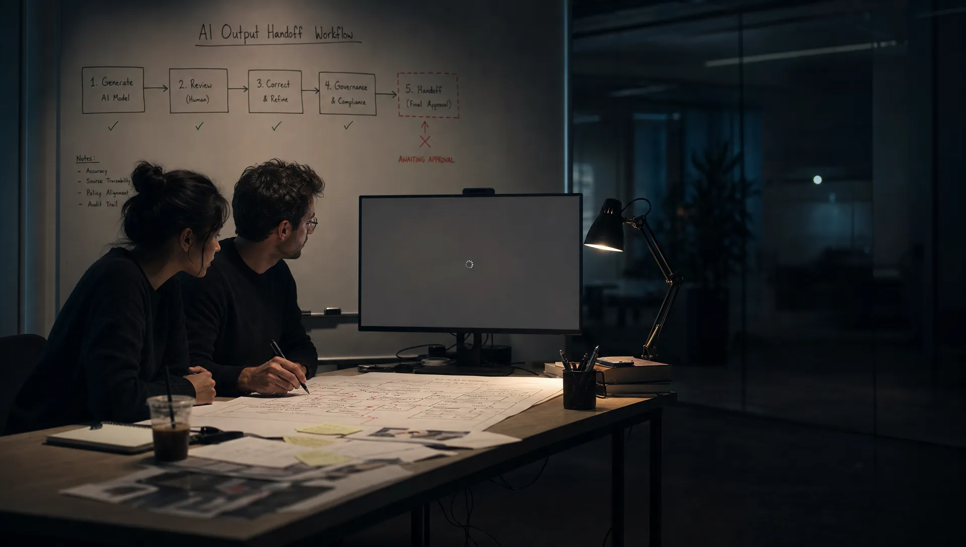 Landscape late-evening office scene in a quiet enterprise product workspace, with two product people near the left side of the frame studying a printed workflow map spread across a table. One person holds a pen above a marked-up handoff diagram while the other looks toward a monitor that faces the camera and shows a blank approval state with a waiting cursor and no content visible. A whiteboard behind them traces an AI output from generation through review, correction, governance, and final handoff, with one step clearly unresolved. The desk includes a cold coffee, scattered notes, and a few printed pages with red marks. The room is mostly dark, lit by monitor glow and a small desk lamp, with deep clean shadows, a restrained cool-toned accent, and open space on the right for text overlay.