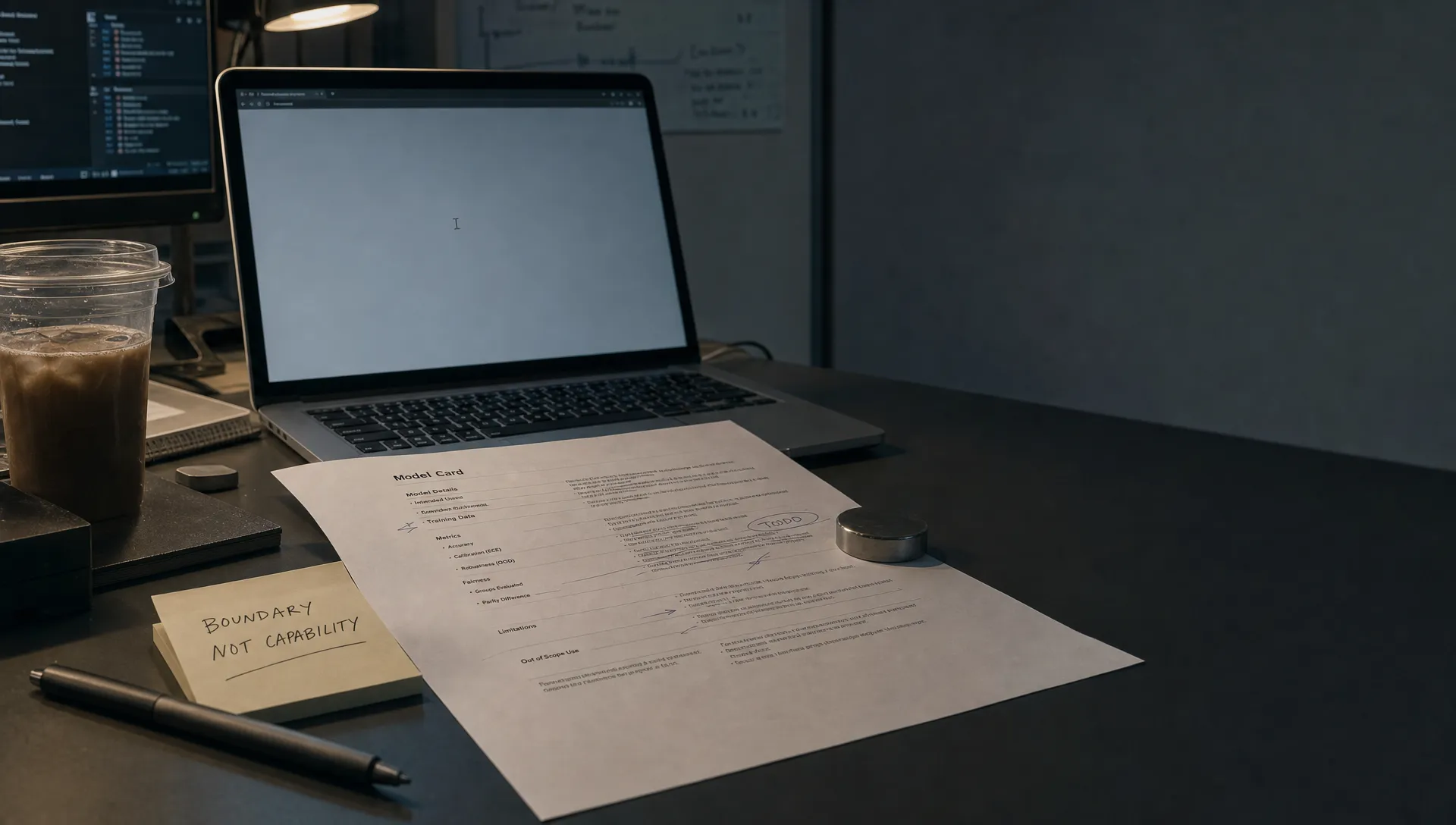 A model card marked in pen sits beside a laptop showing a blank review state, with a cold coffee and sticky note nearby.