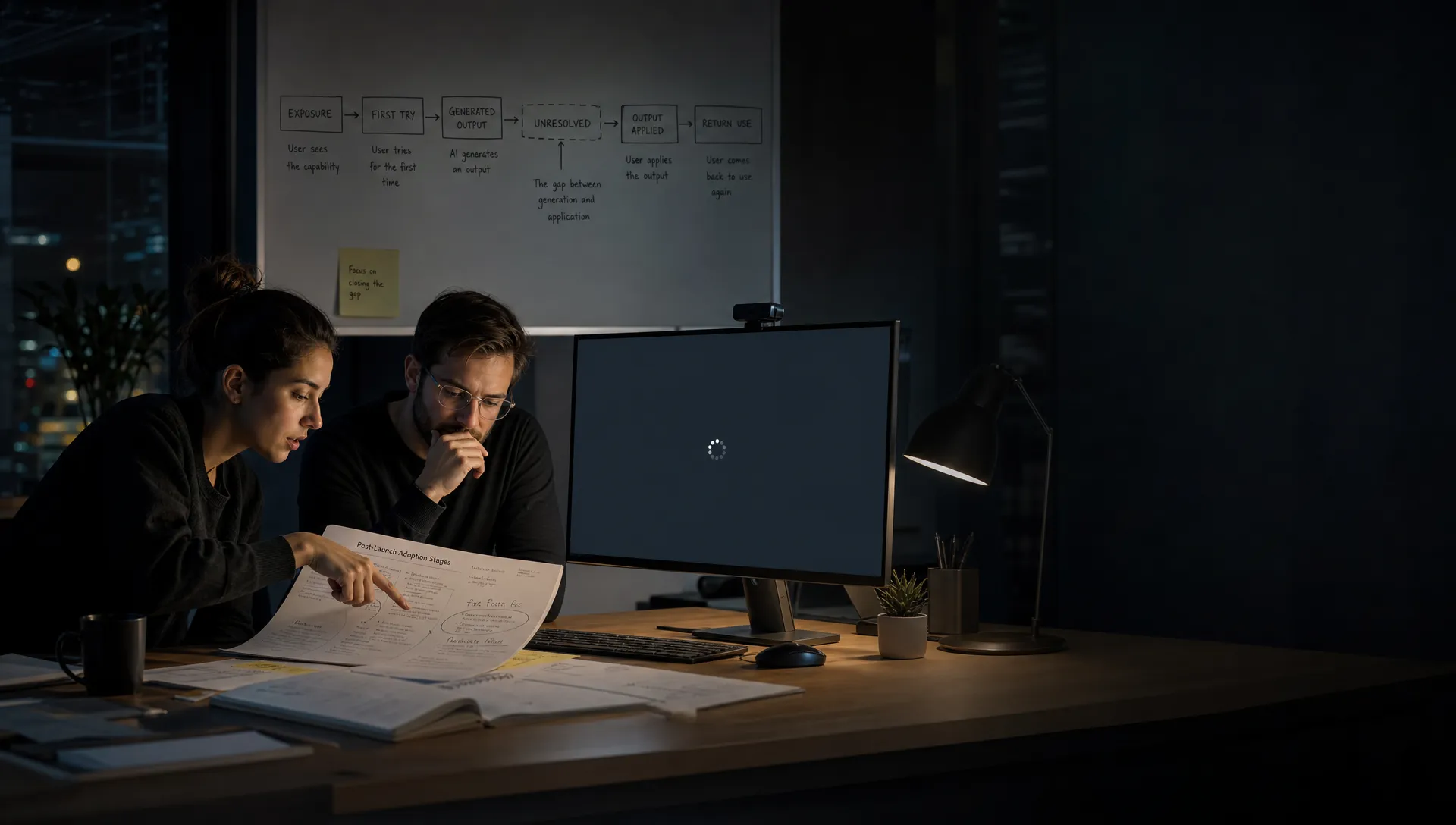 Landscape late-evening office scene in a quiet product workspace, with two product people left of center quietly reviewing printed session notes and a worksheet about post-launch adoption stages. One person points at a marked-up page while the other studies a monitor that faces the camera and shows an empty output state with a waiting cursor and nothing displayed behind it. A wall whiteboard behind them traces exposure, first try, generated output, output applied, and return use, with the gap between generation and application marked unresolved. The room is mostly dark, lit only by monitor glow and a desk lamp, with deep clean shadows, a restrained cool-toned accent, and open space on the right for text overlay.