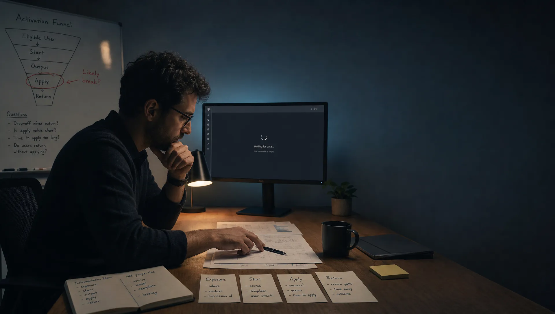 Landscape late-evening office scene in a quiet product workspace, with a single product manager near the left side of the frame leaning over a printed metrics sheet while a monitor in the background faces the camera and shows a blank review dashboard with a waiting cursor and no content visible. Their hand is hovering over a pen as if deciding what to instrument next, and a few annotated notes about exposure, start, apply, and return are spread across the desk. Behind them, a whiteboard holds a rough funnel from eligible user to start to output to apply to return, with one step circled as the likely break. The room is mostly dark, lit by monitor glow and a small desk lamp, with deep clean shadows, a restrained cool-toned accent, and open space on the right for text overlay.