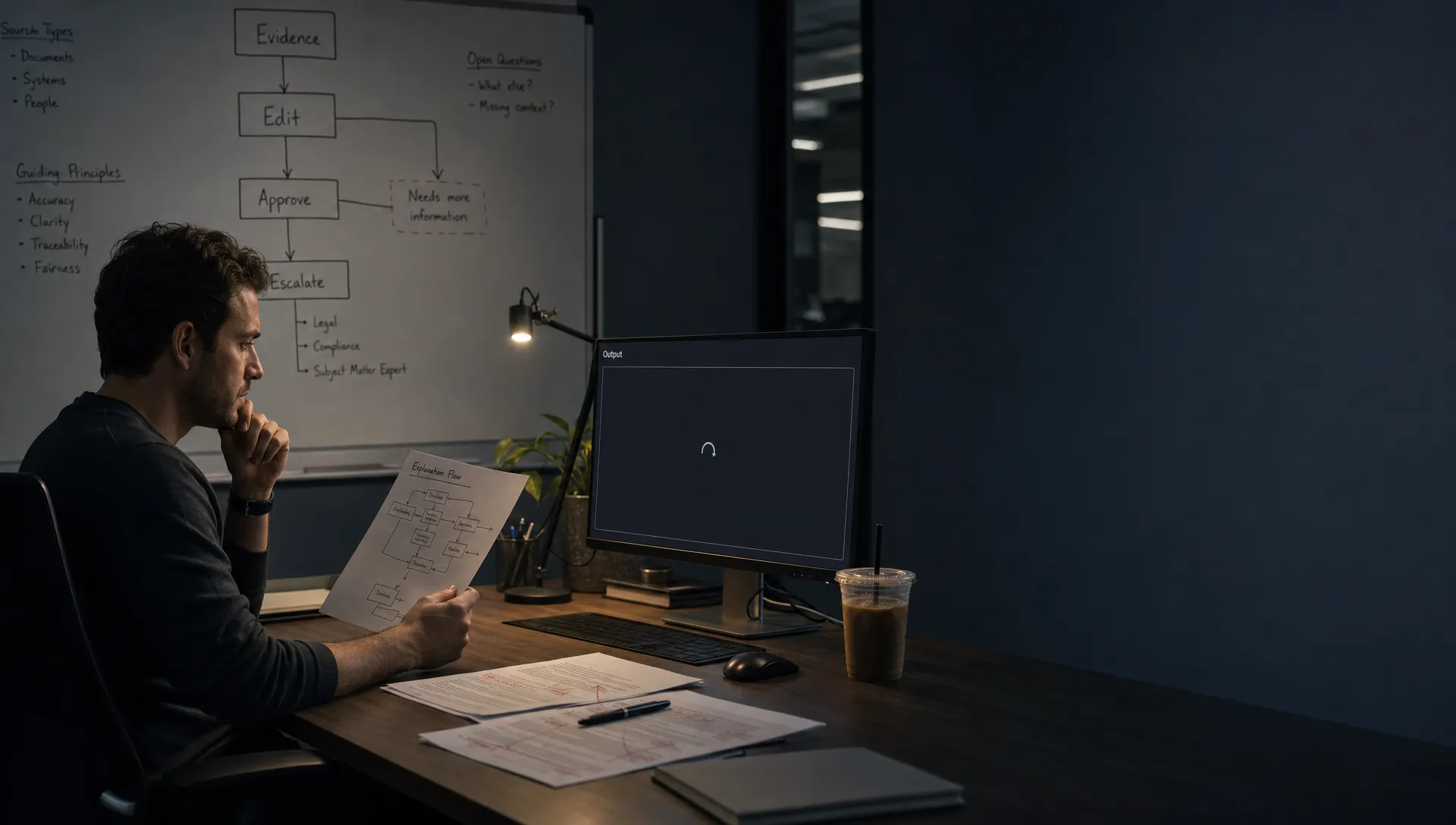 Landscape late-evening office scene in a quiet product workspace, with a single thoughtful product lead near the left side of the frame studying a printed explanation-flow sketch while a monitor faces the camera and shows an empty output panel with a waiting cursor and no content visible. On the desk are a cold coffee, a pen, and a few marked-up source pages with arrows and notes. Behind the person, a whiteboard is covered with a rough decision path from evidence to edit to approve to escalate, with one branch still unresolved. The room is mostly dark, lit by monitor glow and a small desk lamp, with deep clean shadows, a restrained cool-toned accent, and open space on the right for text overlay.