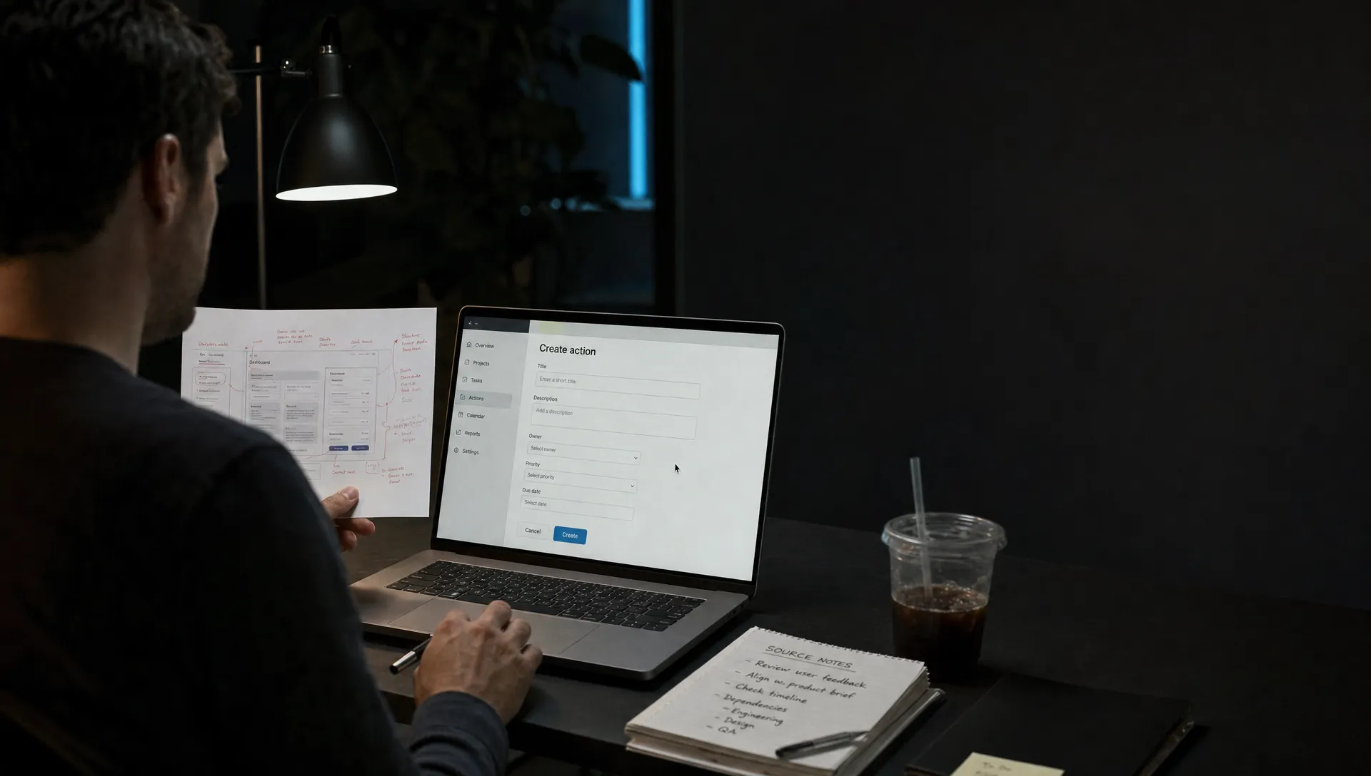 Over a product lead’s shoulder, hands compare source notes to an empty AI action form before anything is committed.