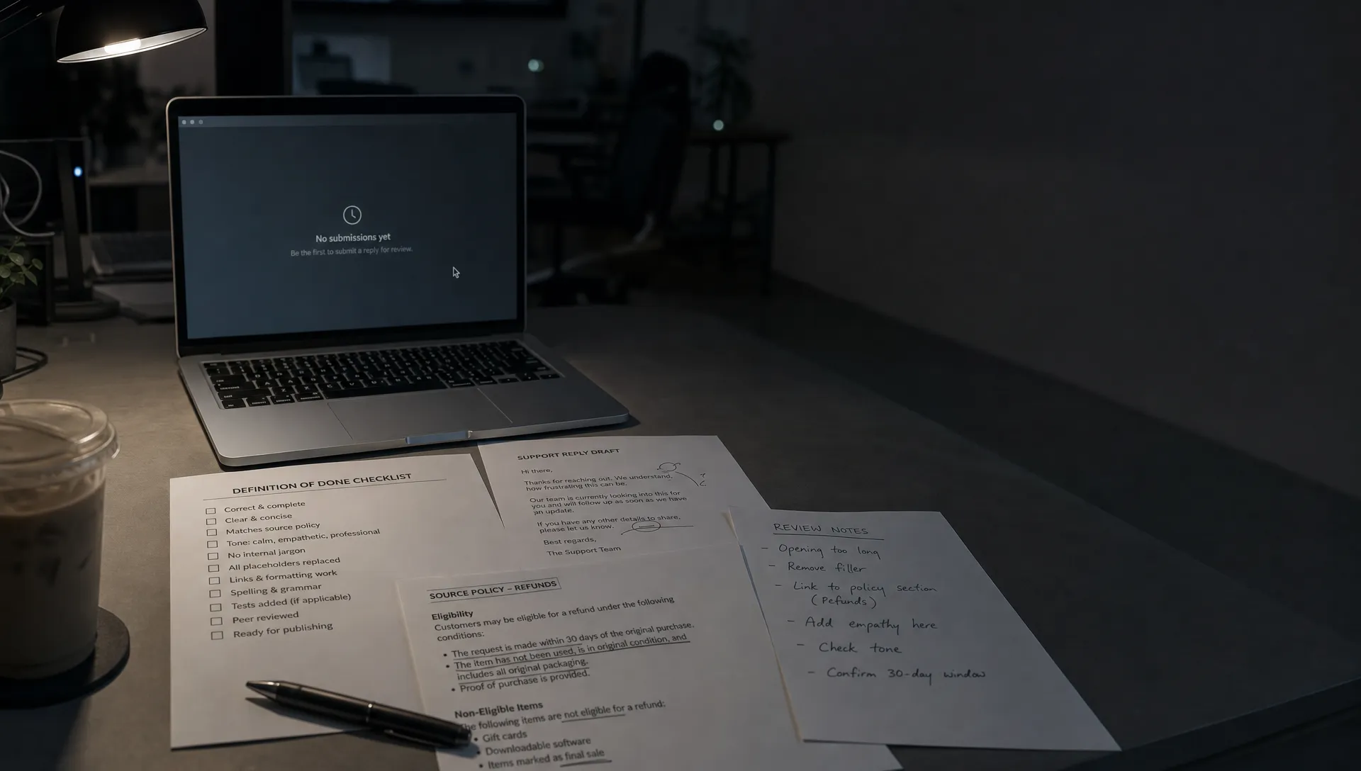 A printed definition-of-done checklist sits beside a support reply draft, a policy page, and handwritten review notes on a worktable.