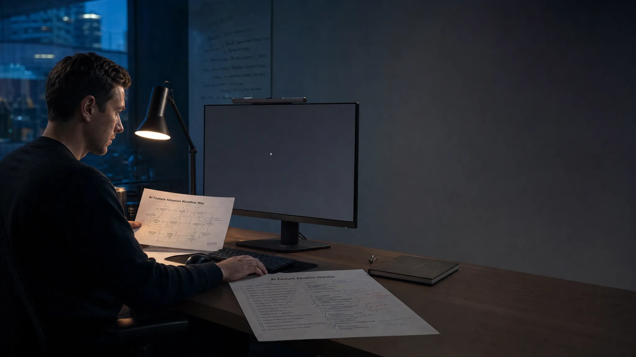Landscape late-evening office scene with a single product manager seated near the left side of the frame, reading a printed workflow map and a marked-up adoption checklist spread across the desk. A monitor faces the camera and shows an empty interface with a waiting cursor and nothing else displayed. One hand rests on the edge of the paper while the other hovers over a keyboard, as if deciding whether the next move is product work or model work. Practical desk lamp and monitor glow only. Deep clean shadows, restrained cool-toned accent, quiet and tense mood, with open space on the right for text overlay.