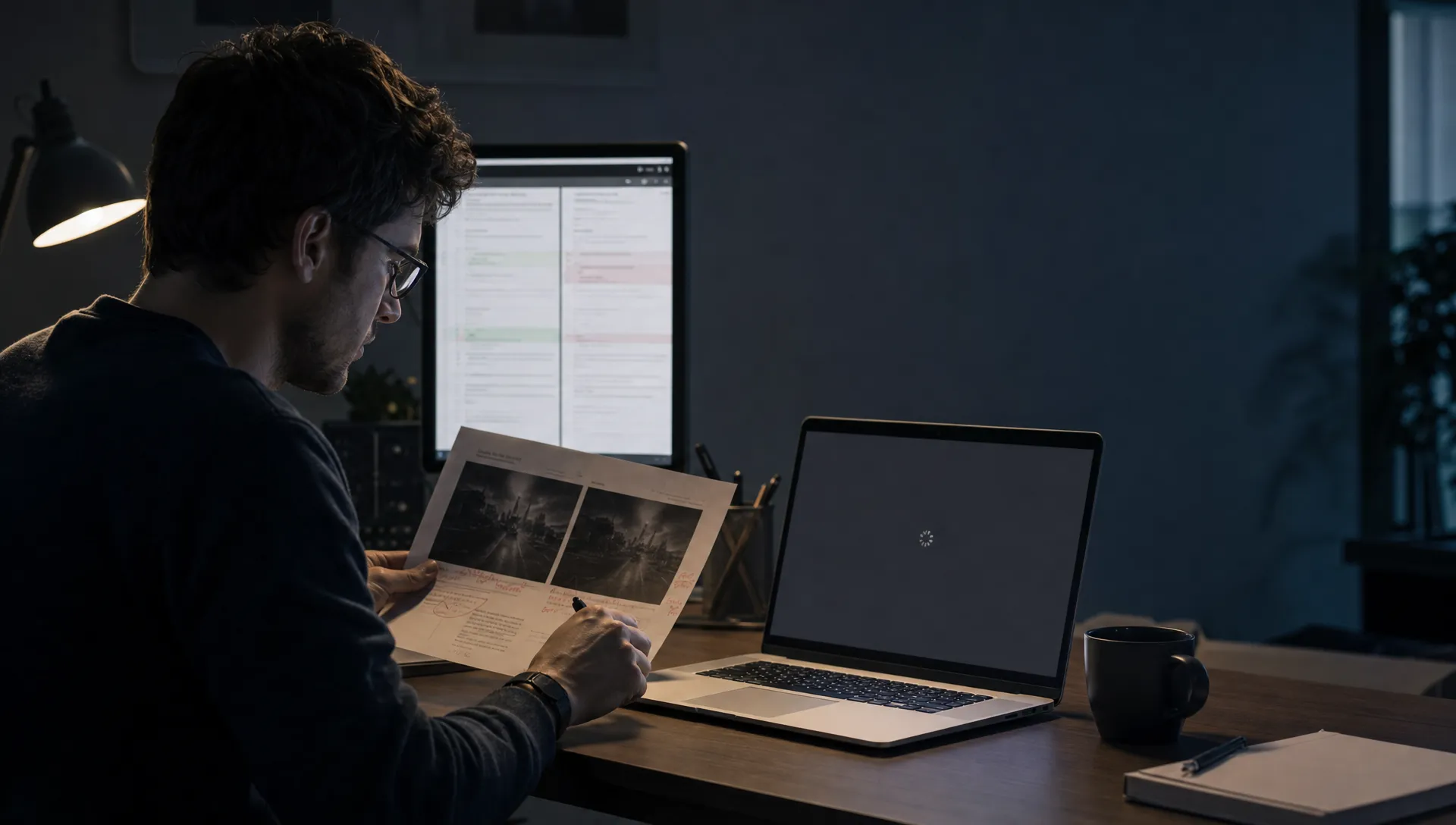 Landscape late-evening office scene in a quiet product workspace, with a single product lead left of center studying a printed before-and-after edit review sheet while a laptop on the desk faces the camera and shows an empty review state with a waiting cursor and nothing displayed behind it. A hand rests near the trackpad, another holds a pen above the marked changes, and a second monitor in the background shows a narrow diff-like document view with unresolved sections. The room is mostly dark, lit by laptop glow and a desk lamp, with deep clean shadows, a restrained cool-toned accent, and open space on the right for text overlay.