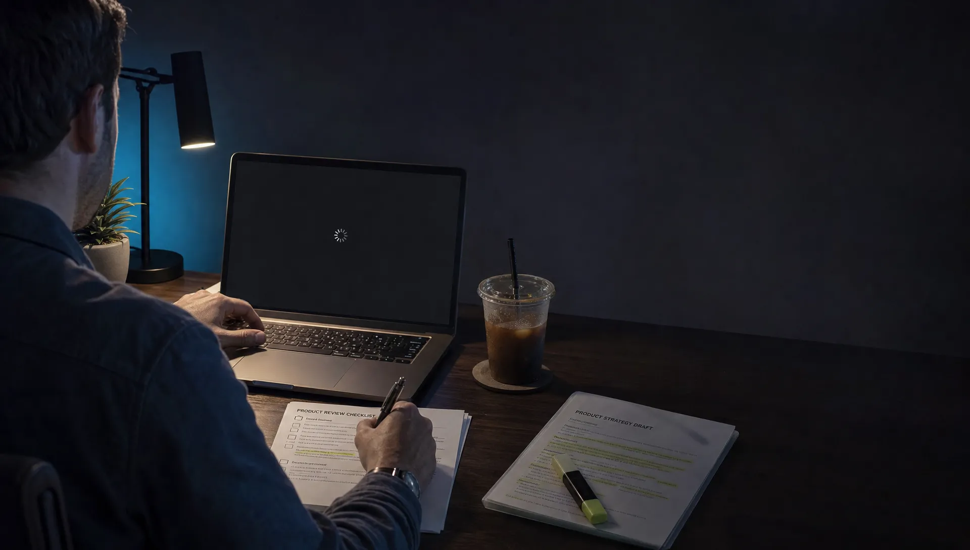 A product lead marks up a review checklist while a laptop waits for the next AI trust decision.