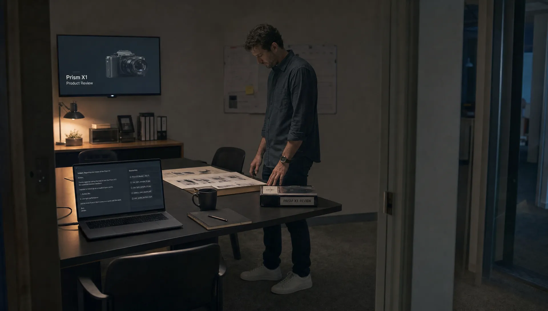 A product lead reviews source folders and an account-summary workflow in a quiet meeting room after hours.