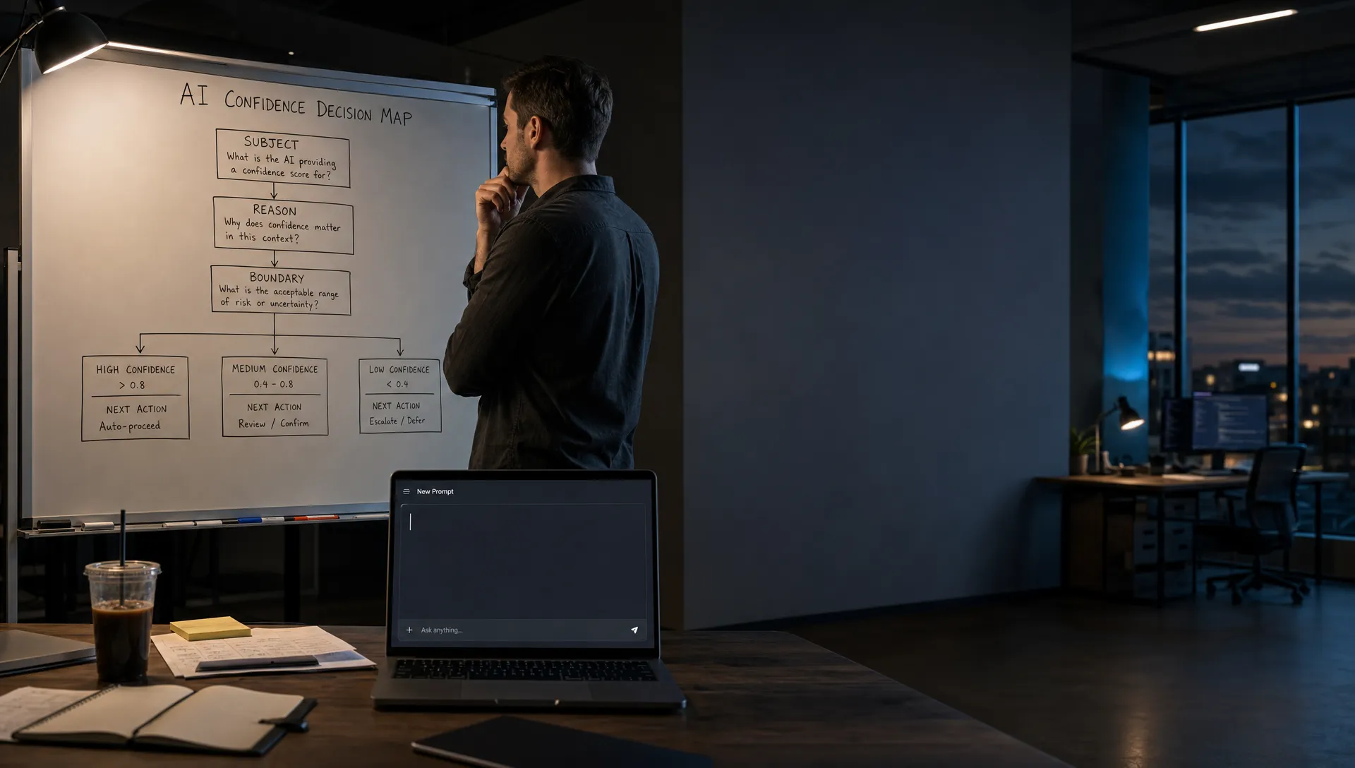 A product lead studies a whiteboard map for AI confidence while a blank laptop waits on the table.