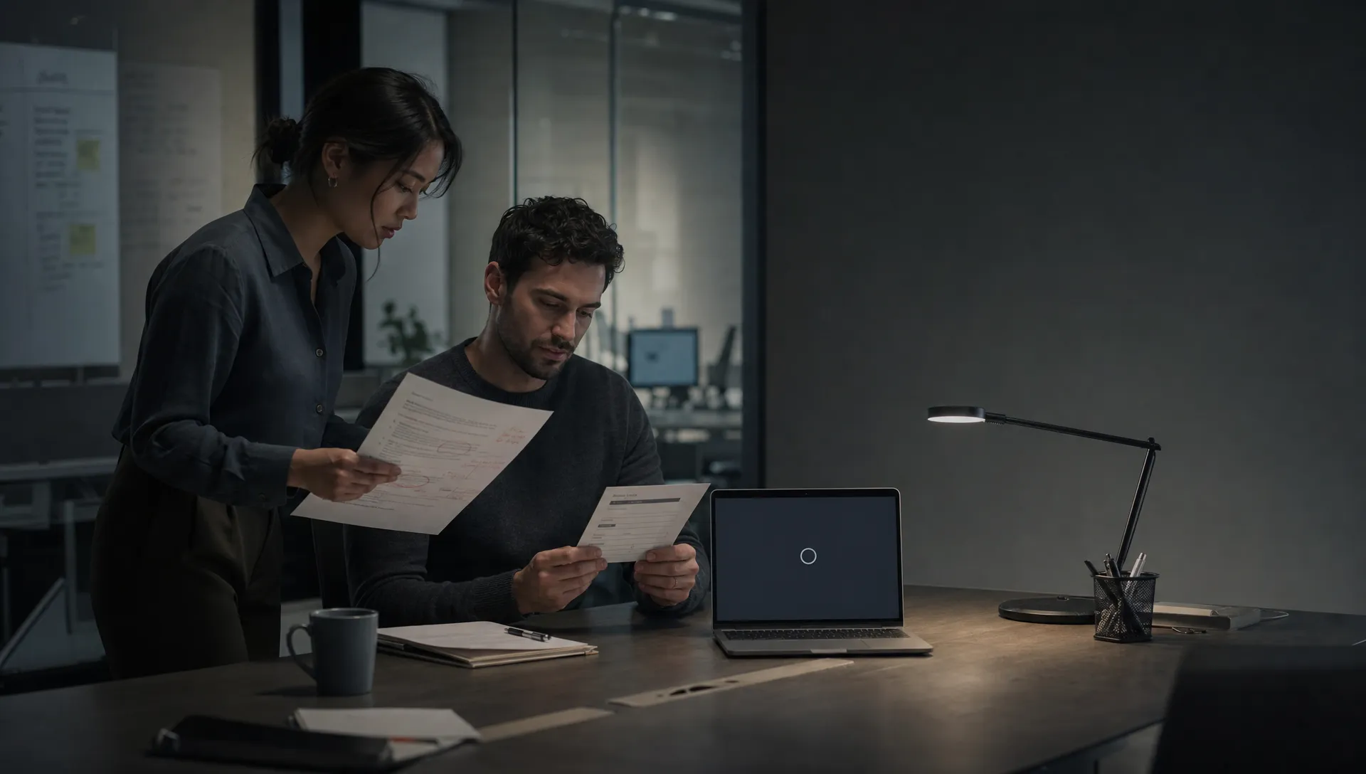 Two product teammates compare an AI output with task notes during a post-launch review beside a laptop with a waiting cursor.