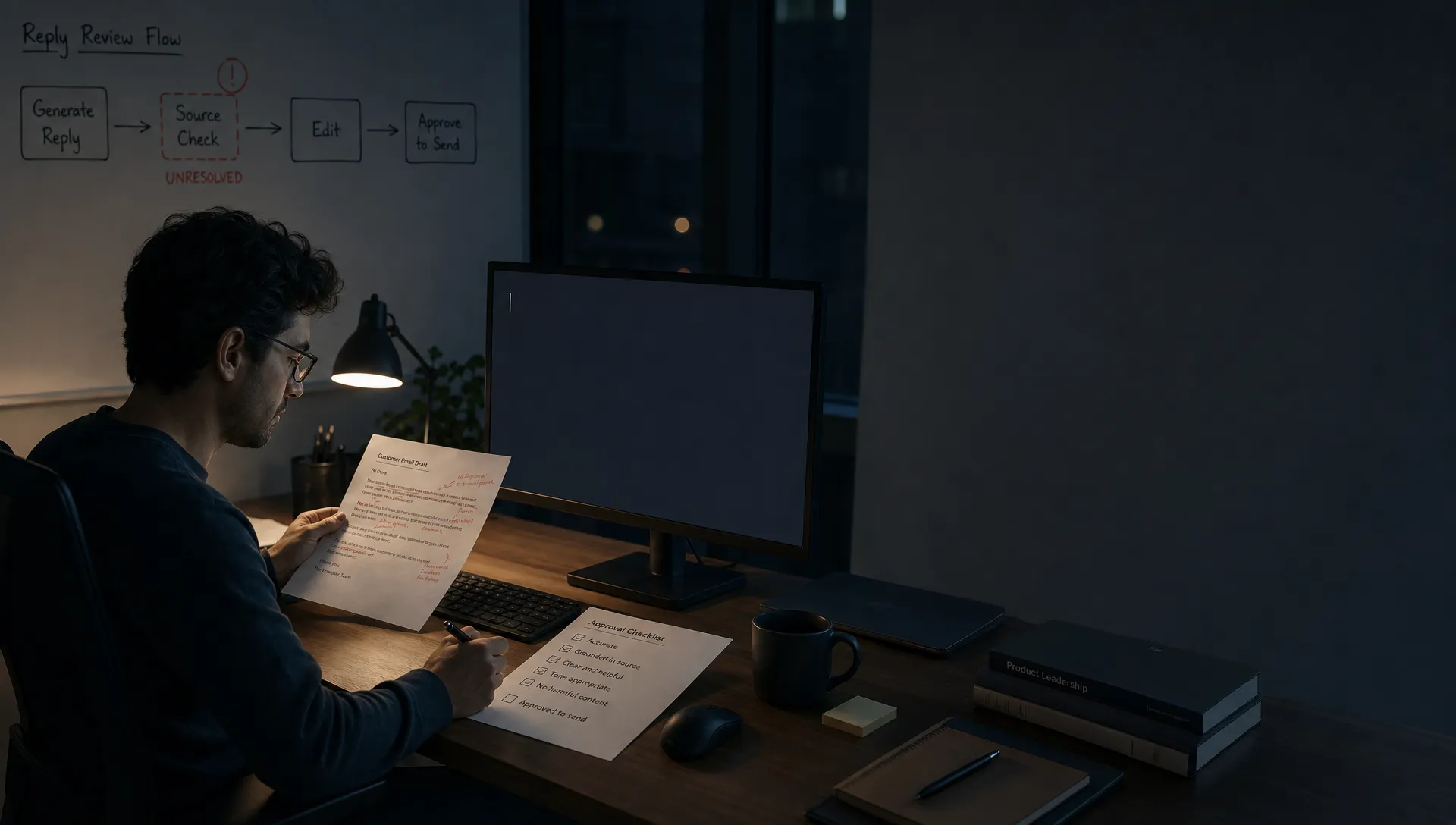 Landscape late-evening office scene in a quiet product workspace, with a single product lead left of center studying printed customer email drafts covered in red corrections. A monitor on the desk faces the camera and shows a blank output state with a waiting cursor and nothing displayed behind it. One hand holds a pen above a marked-up approval checklist while the other rests near the keyboard, as if deciding whether the draft is safe to send. A whiteboard in the background sketches a review path from generated reply to source check to edit to approval, with the source check step marked unresolved. The room is mostly dark, lit only by monitor glow and a desk lamp, with deep clean shadows, a restrained cool-toned accent, and open space on the right for text overlay.