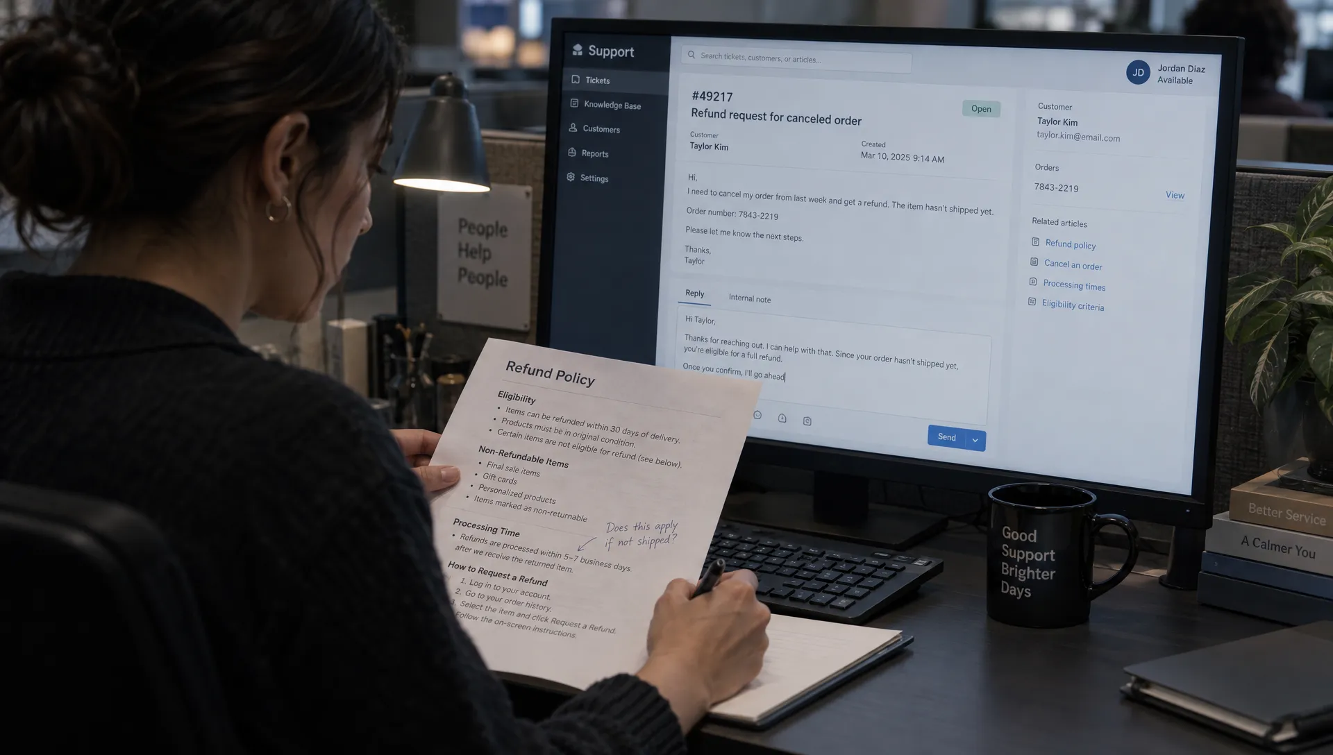 A support agent checks a customer ticket against a printed policy before approving an AI-drafted reply.