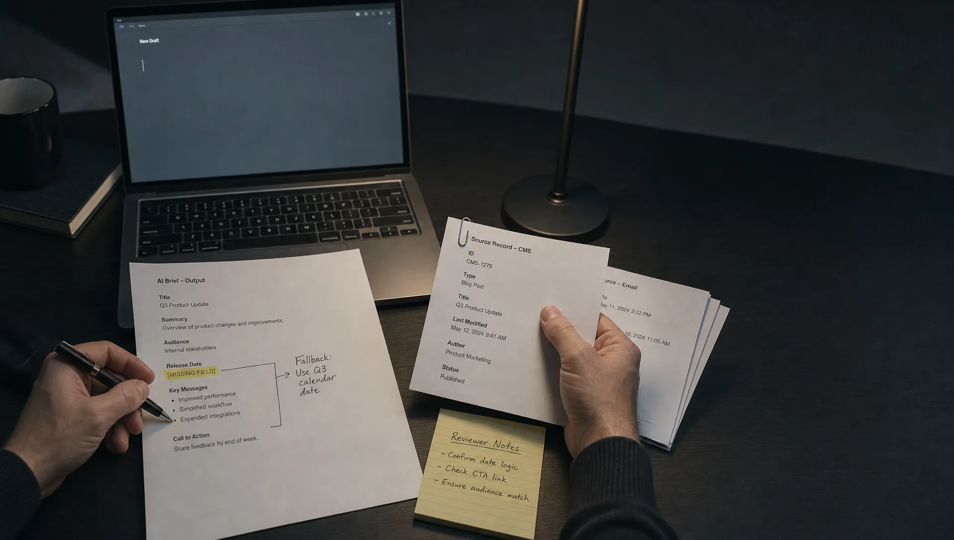 Hands sort a draft brief, source records, and a fallback note while checking AI output before release.
