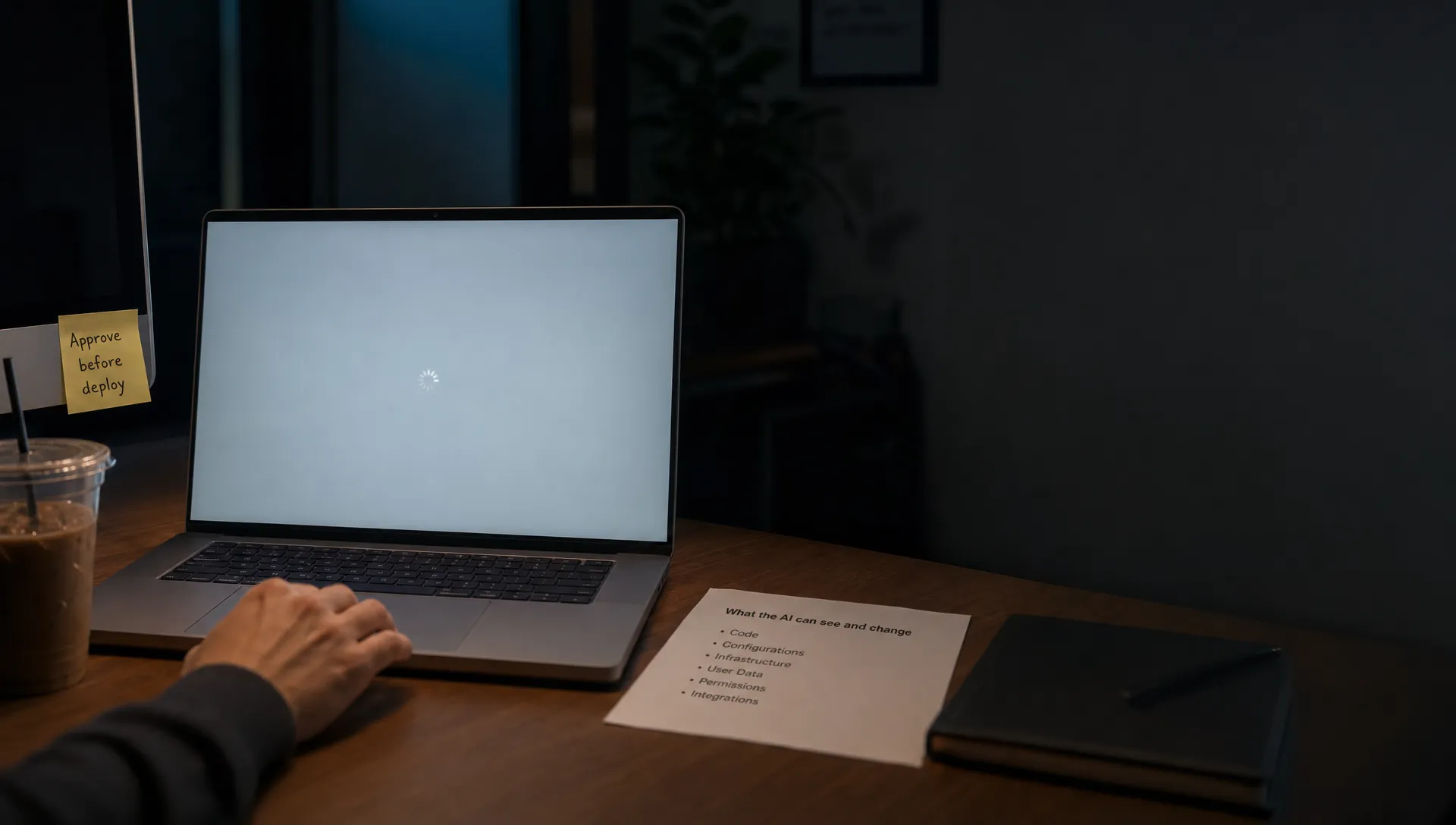 A hand hovers over a laptop beside a sticky note, a cold coffee, and a reminder about AI boundaries.