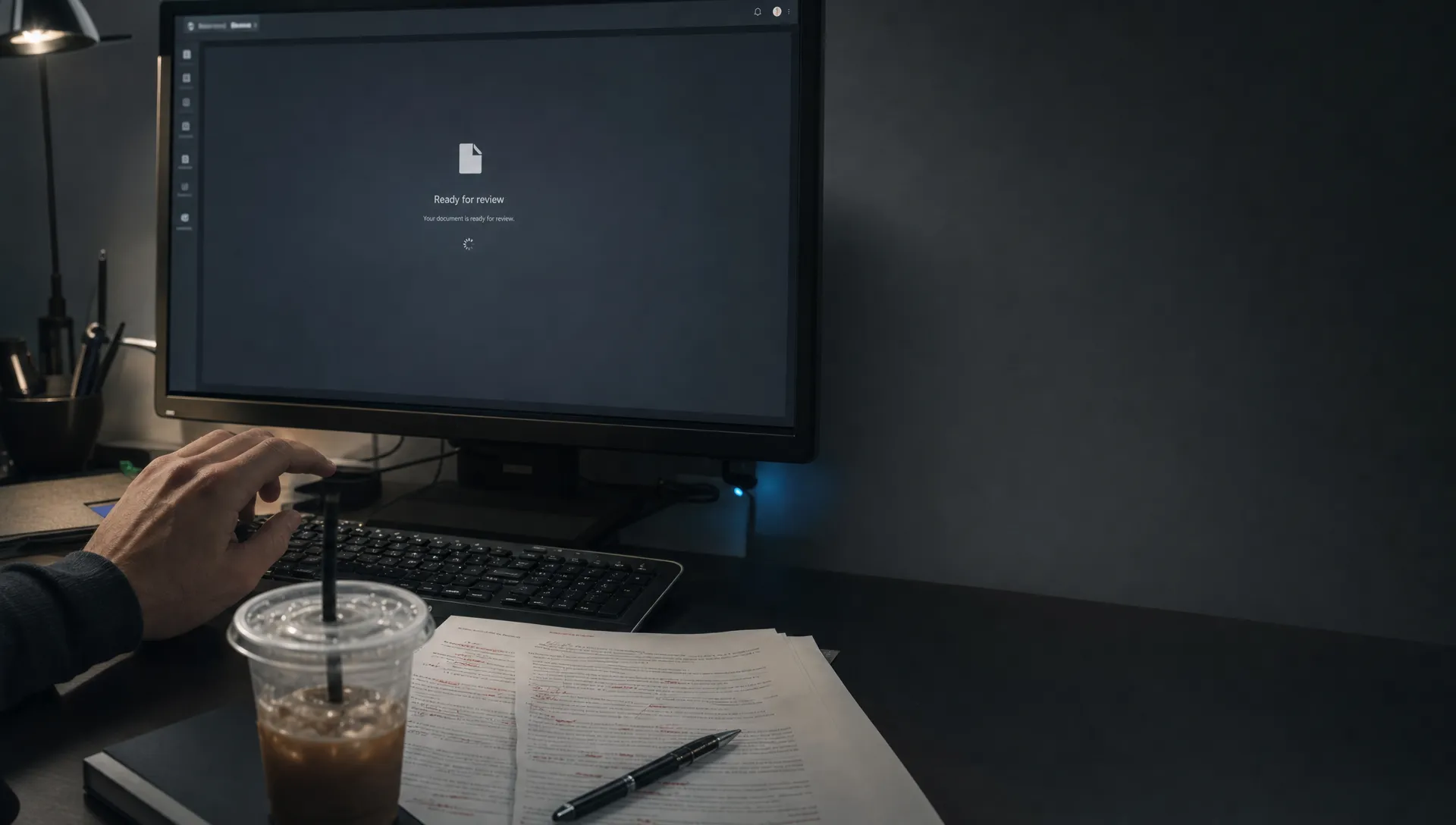 A marked output sheet, pen, and cold coffee sit beside a laptop showing a blank review state.