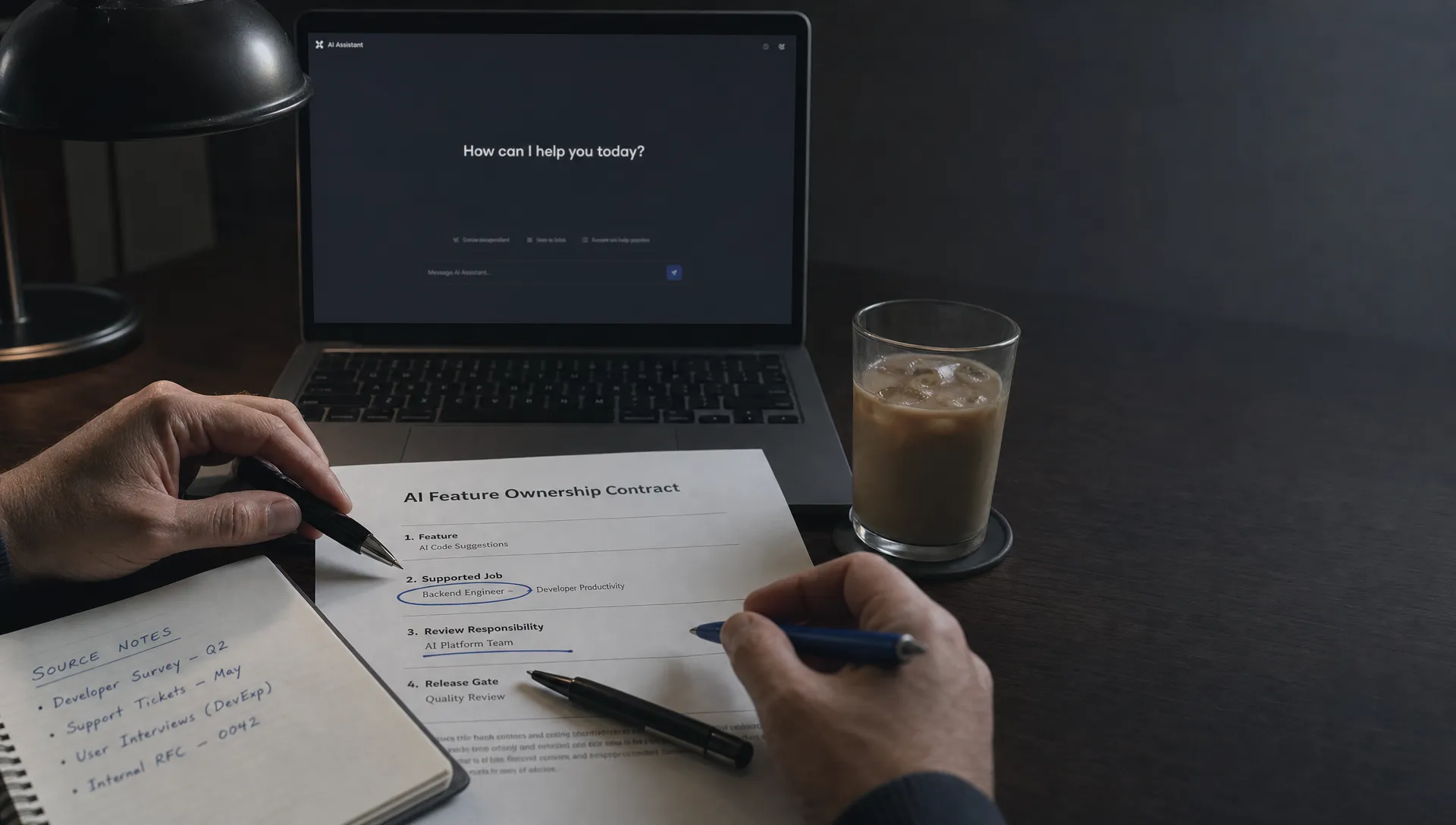 Hands mark up an AI ownership contract beside a laptop, source notes, and a cold coffee on a desk.