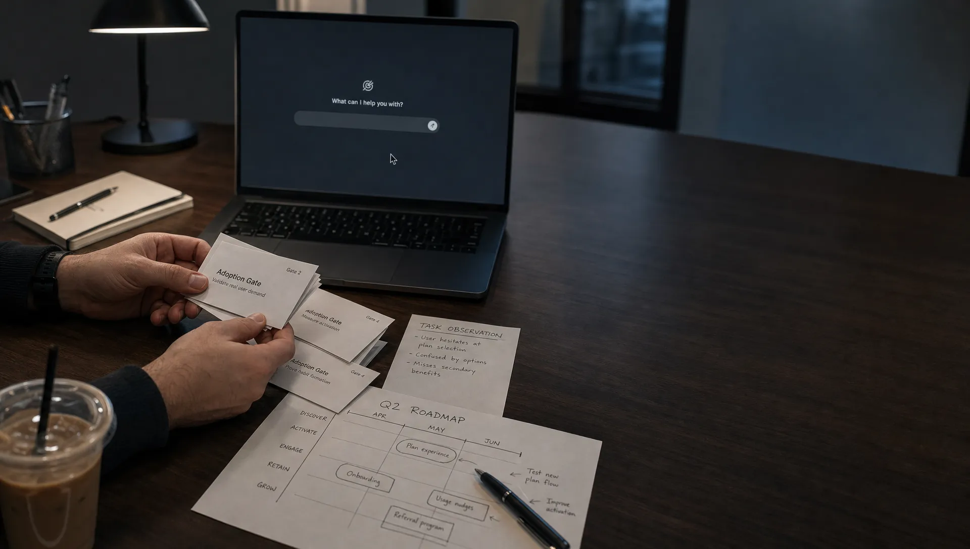 Hands sort adoption-gate cards and roadmap notes beside a laptop with an empty assistant state in a late-evening office.