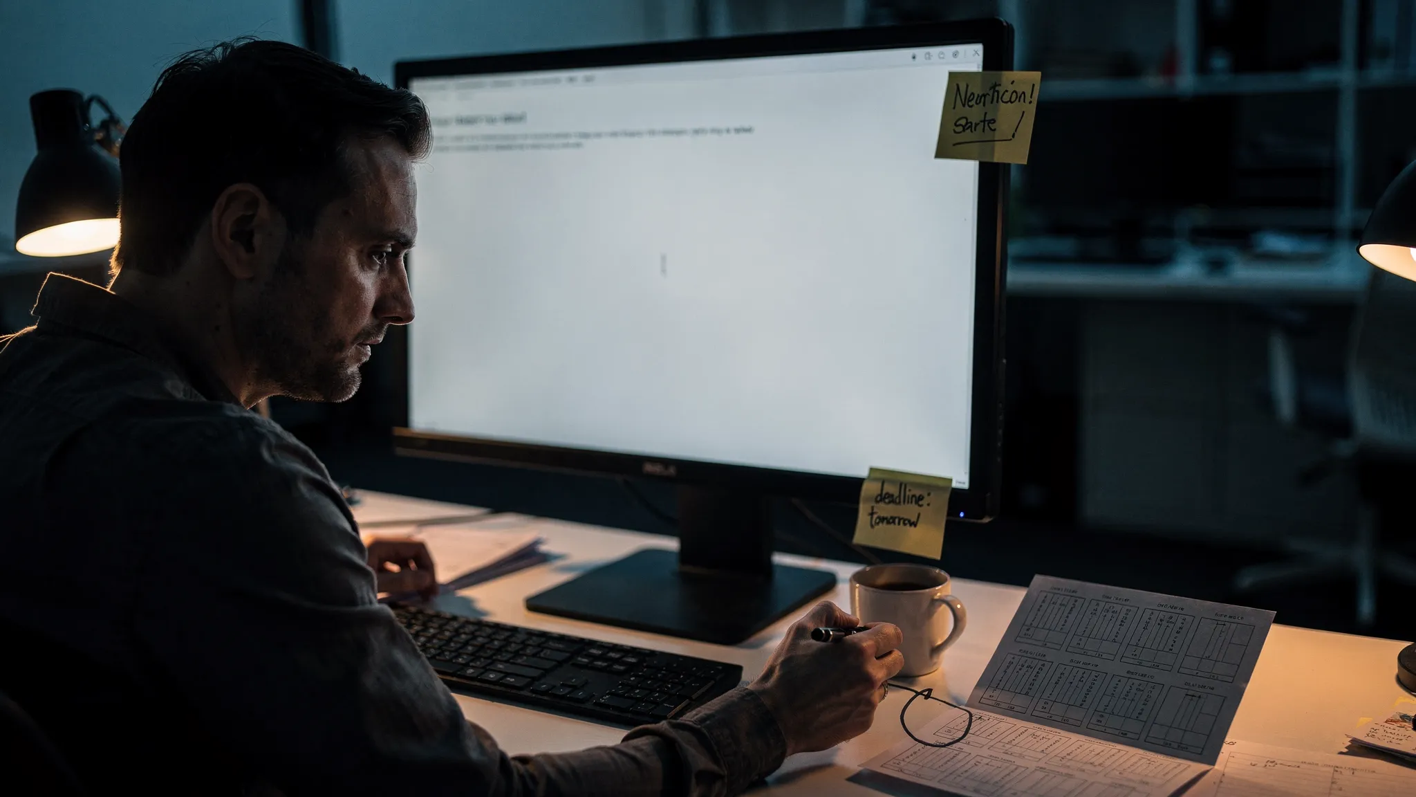 Landscape, late-evening office frame: a single product manager sits left-of-center at a cluttered desk, leaning toward a monitor with one hand near the keyboard and a pen in the other. A small stack of printed diagnostic cards lies beside a half-drunk coffee; one card is being marked up. The monitor faces the camera and shows only a mostly blank prompt with a blinking cursor (no other UI or background content). A dim desk lamp and the cool monitor glow create deep, clean shadows; a sticky note is attached to the monitor edge. Shallow depth of field keeps the person, card, and screen clear while the background recedes. The right side of the frame is left open for text overlay. Overall mood is desaturated and quietly tense with a single cool-blue accent from the screen, suggesting late-night problem solving and an unresolved decision.