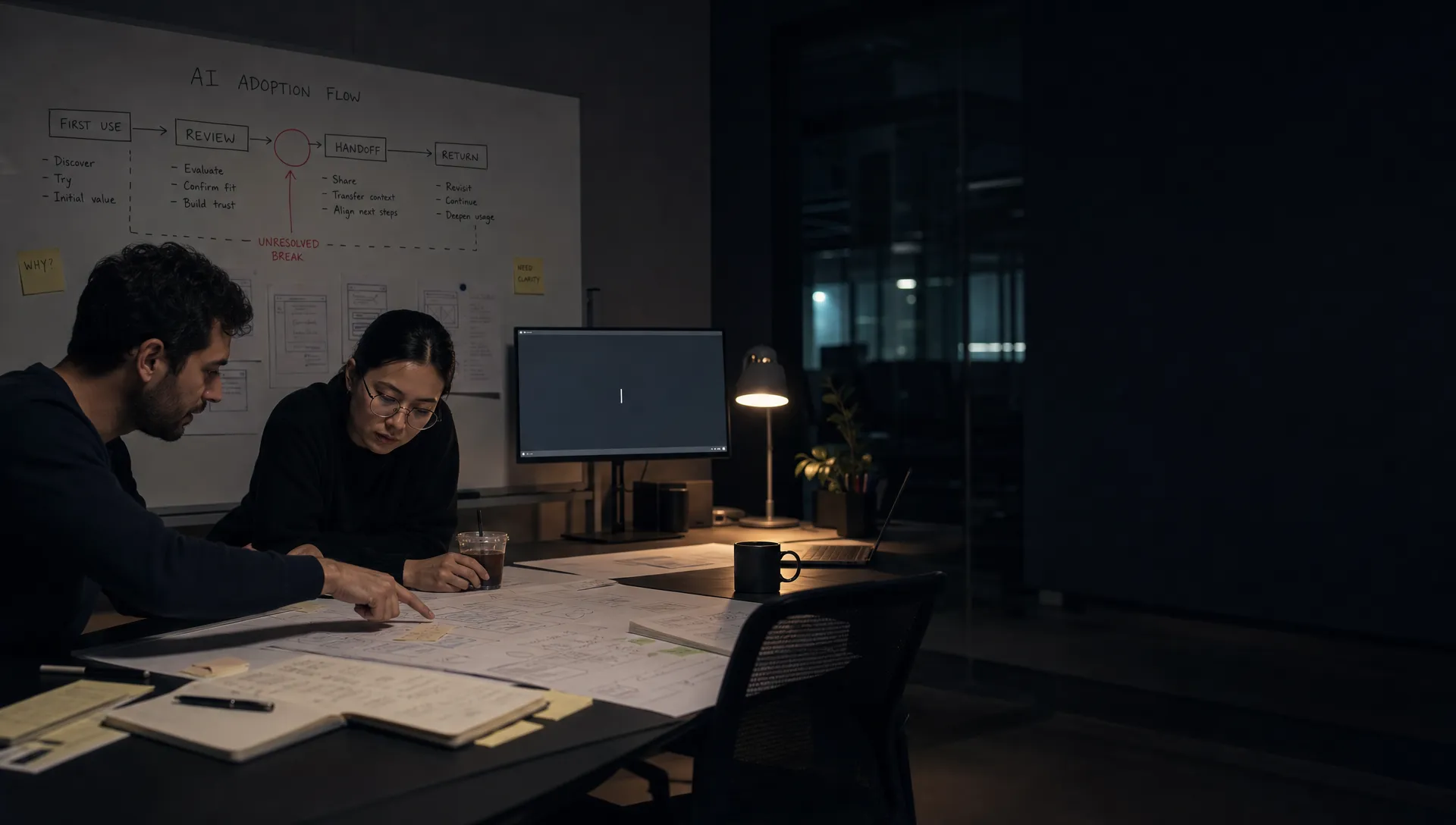 Landscape late-evening office scene in a quiet product workspace, with two product people on the left side of the frame studying a large whiteboard covered in a broken AI adoption flow from first use to review to handoff to return, with one transition circled as the unresolved break. One person points at a printed user journey map on the table while the other leans in over marked-up notes and a cold coffee. A monitor in the background faces the camera and shows a blank prompt state with a waiting cursor and no content visible. The room is mostly dark, lit by monitor glow and a desk lamp, with deep clean shadows, a restrained cool-toned accent, and open space on the right for text overlay.