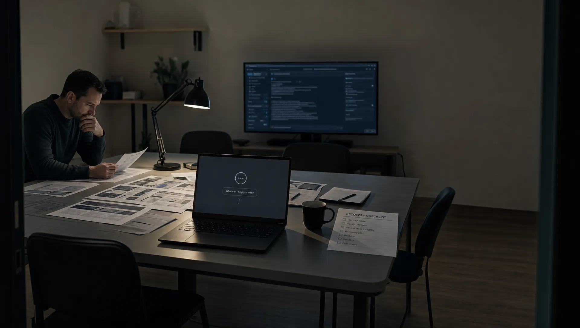 A late-night review room holds source printouts, a recovery checklist, and a laptop waiting for the next AI retry.