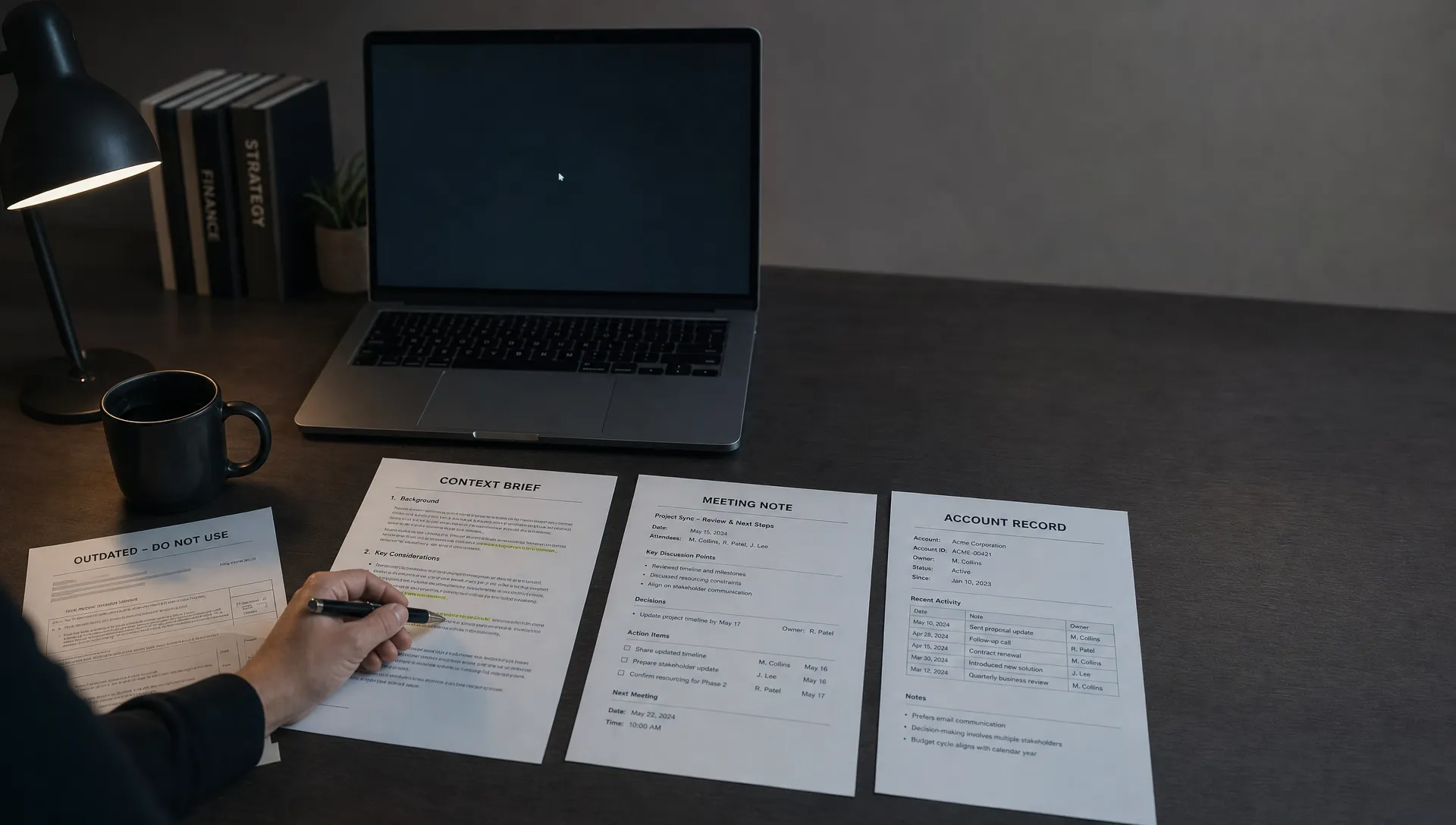 A desk shows account records, meeting notes, and a renewal brief while a laptop waits for context before AI input.