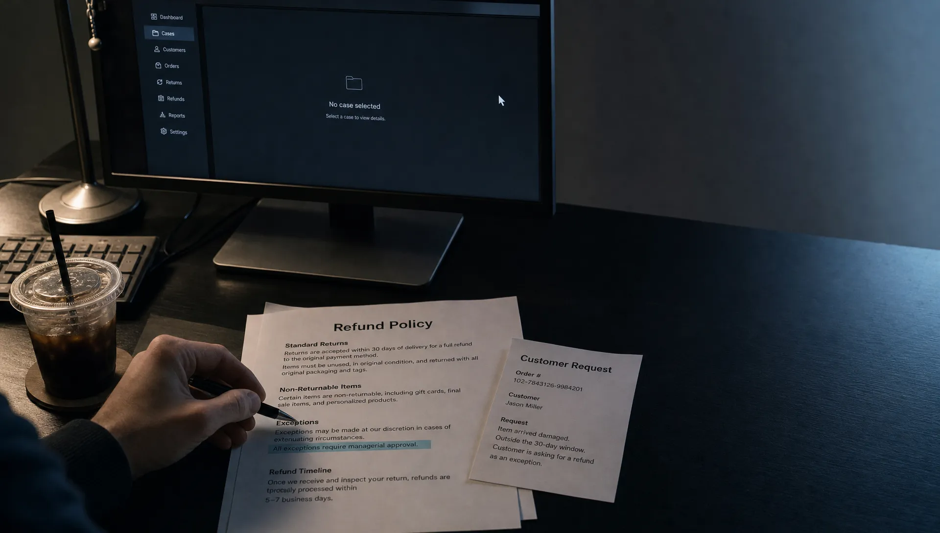 A support desk shows a refund policy page, a customer request, and a pending exception on the screen while someone pauses to decide.