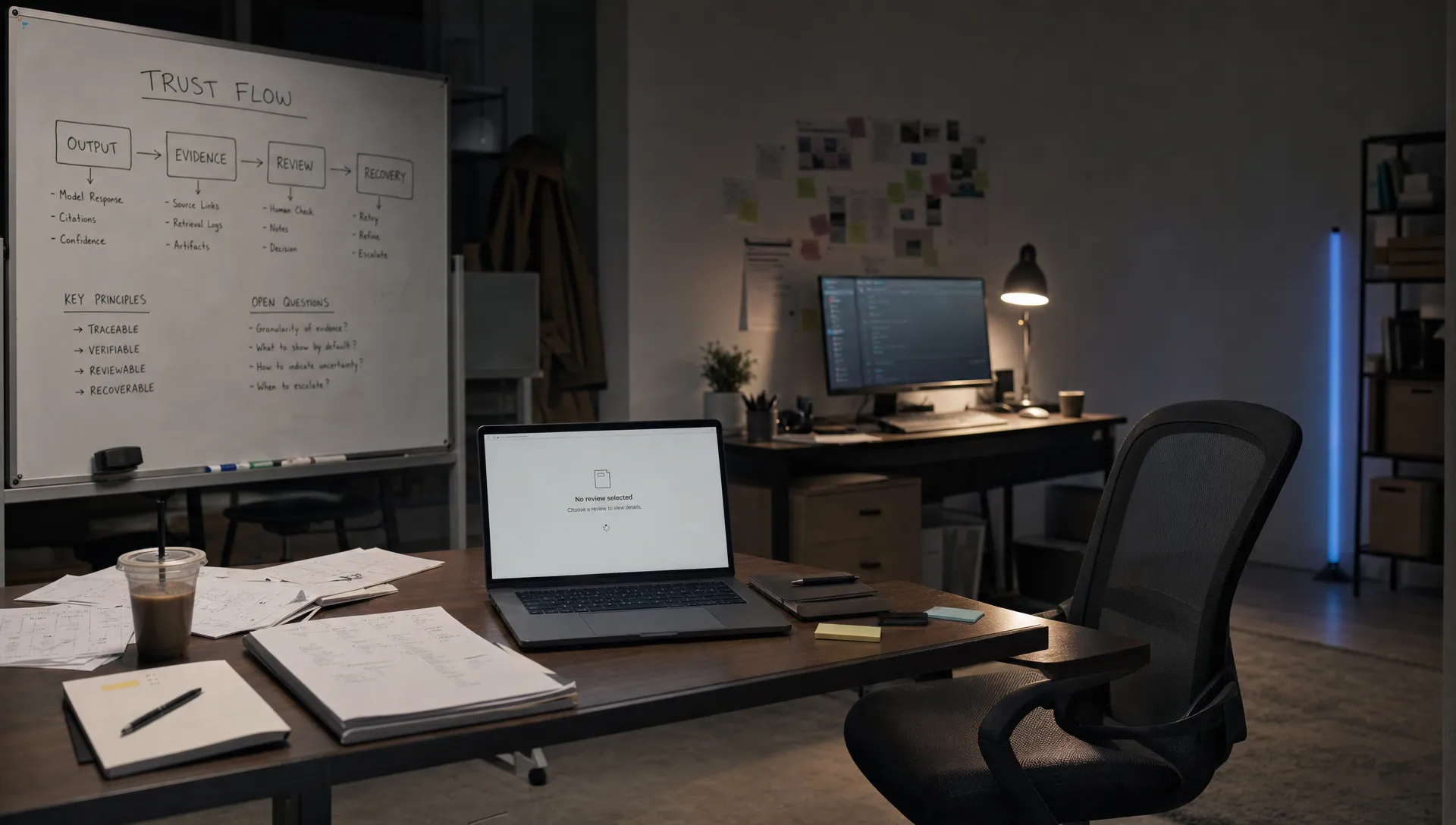 An after-hours product room shows a whiteboard, scattered notes, and a laptop waiting on an AI trust review.