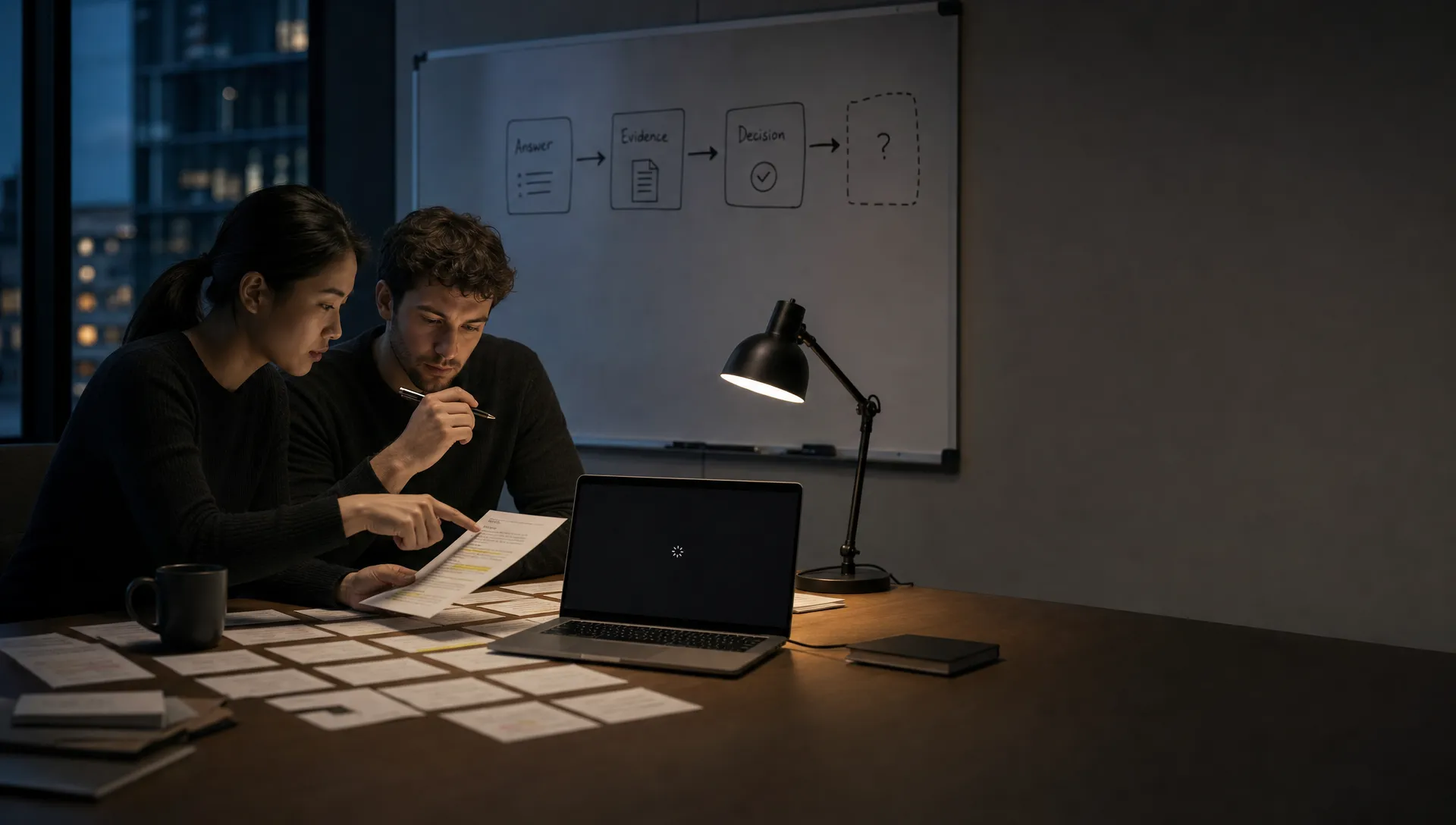 Landscape late-evening office scene in a small product room, with two teammates left of center quietly reviewing a printed answer sheet and a stack of source cards spread across the table. One person points to a highlighted claim while the other studies the page with a pen in hand, and a laptop facing the camera sits nearby with an empty review state and a waiting cursor, nothing displayed behind it. A whiteboard in the background sketches the flow from answer to evidence to decision, with one step still unresolved. The room is mostly dark, lit by monitor glow and a desk lamp, with deep clean shadows, a restrained cool-toned accent, and open space on the right for text overlay.