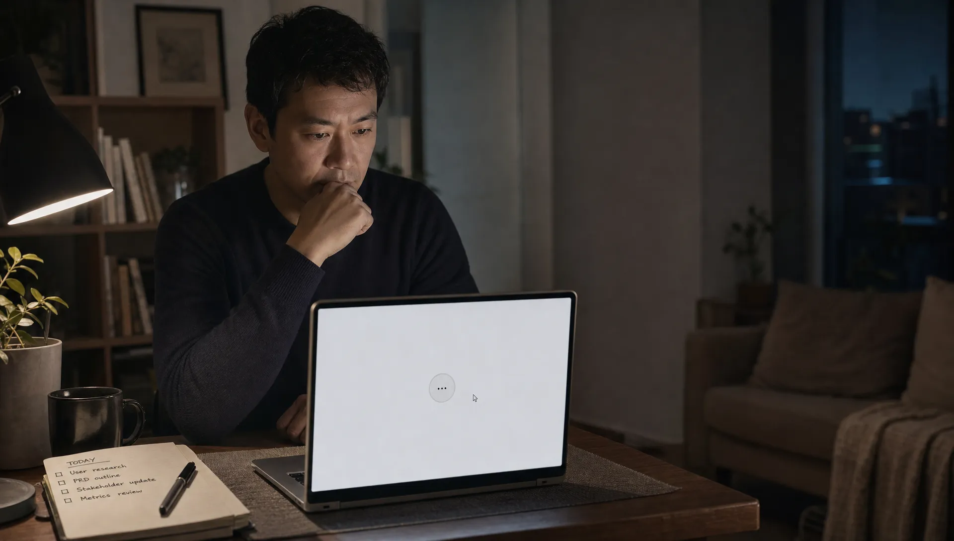 A product manager sits at a home desk, staring at a laptop with a blank AI prompt and a waiting cursor.