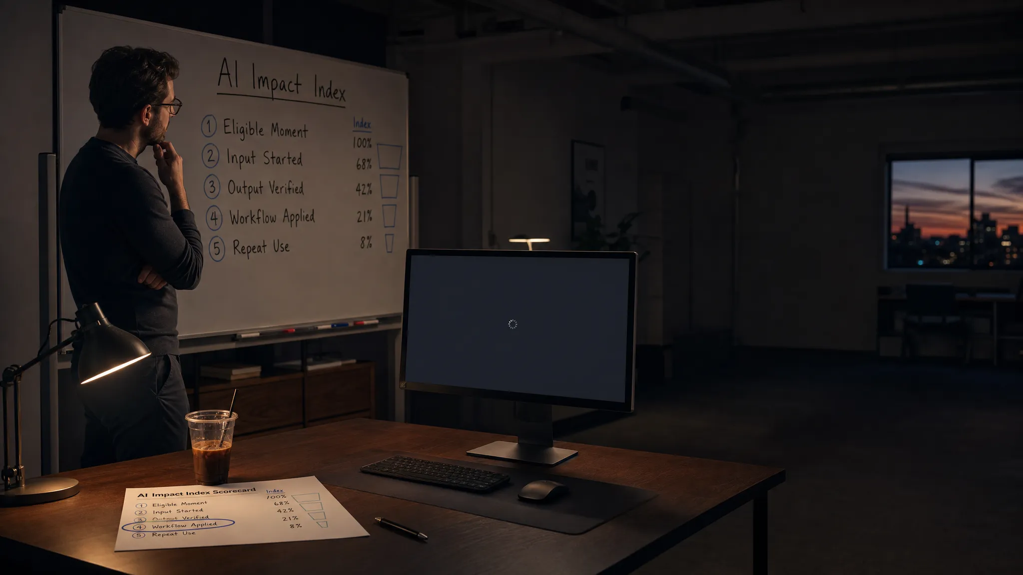 Landscape late-evening office scene with a single product manager left-of-center standing beside a desk, studying a whiteboard covered with a simple AI index breakdown: eligible moment, input started, output verified, workflow applied, and repeat use. On the desk is a printed scorecard with one section circled and a cold coffee beside a pen. A monitor faces the camera and shows an empty metrics view with a waiting cursor and no content visible. The room is mostly dark, lit only by monitor glow and a desk lamp, with deep clean shadows and open space on the right for text overlay.