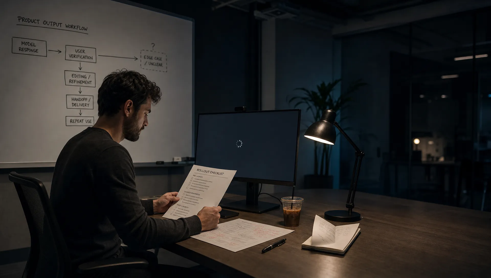 Landscape late-evening office scene in a quiet product workspace, with a single product lead seated left-of-center at a long table, reading a printed rollout checklist beside a marked-up output review sheet. A monitor faces the camera and shows a blank interface with a waiting cursor and no content visible. On the table are a cold coffee, a pen, and a small stack of notes with one page folded back. Behind the person, a whiteboard holds a rough map of model response, user verification, editing, handoff, and repeat use, with one branch still unresolved. The room is mostly dark, lit by monitor glow and a desk lamp, with deep clean shadows, a restrained cool-toned accent, and open space on the right for text overlay.