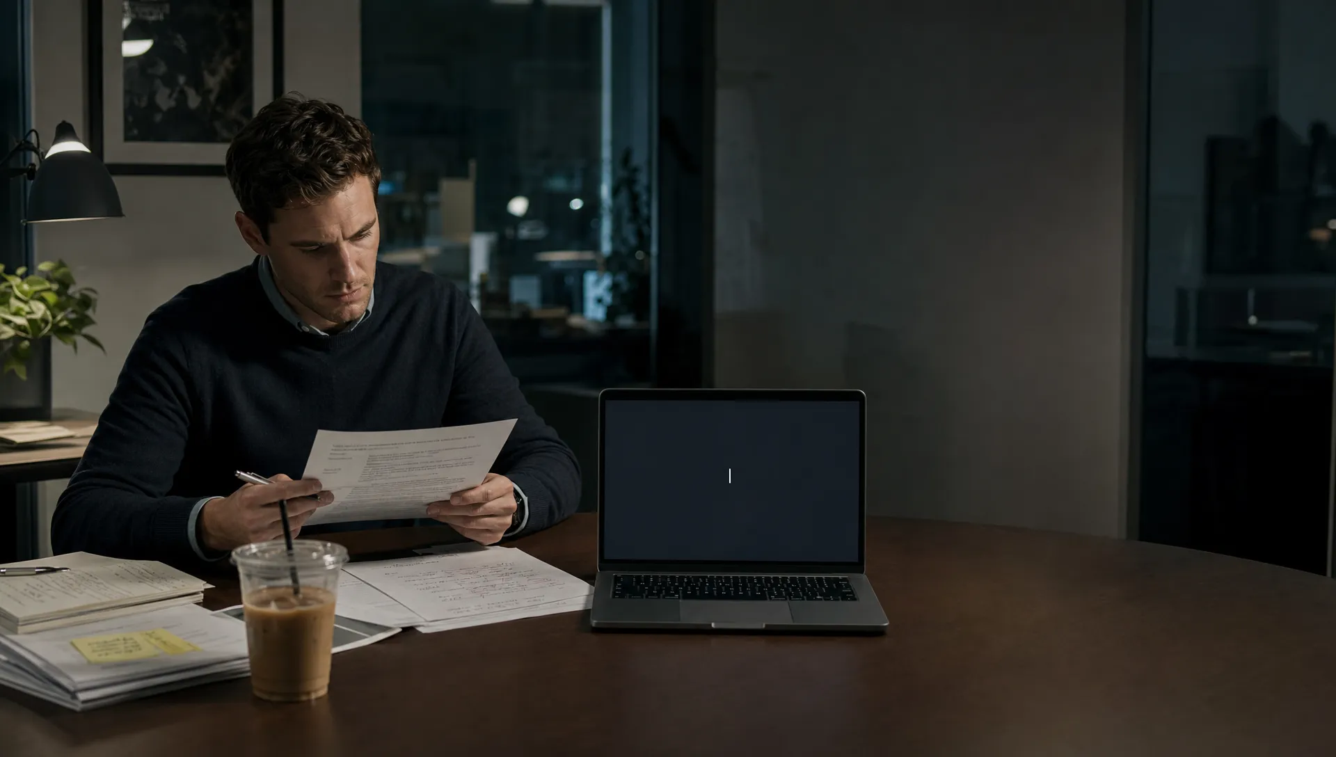 A product manager reviews a decision card beside a draft, source notes, and a laptop with a waiting cursor while trying to judge an AI feature.