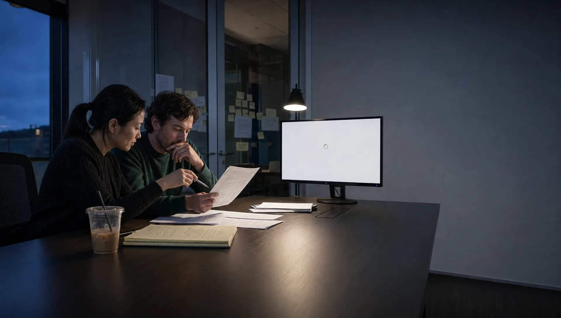 Two product teammates compare AI output with printed evidence before deciding whether to use it.