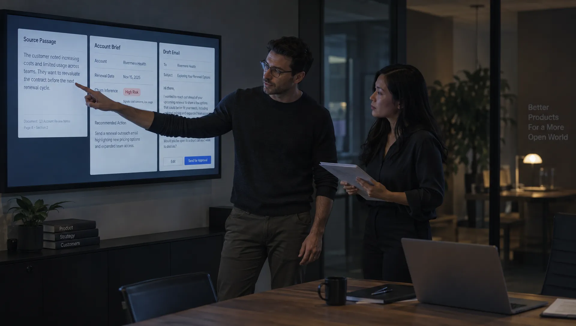 Two product colleagues check the evidence behind an AI churn assessment while an account email remains a draft.