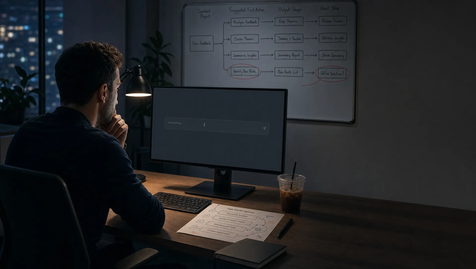 Landscape late-evening office scene in a quiet product workspace, with a single product manager seated left of center at a desk and studying a monitor that faces the camera and shows a blank AI input state with a waiting cursor and no content visible. On the desk are a keyboard, a printed workflow page with several task starter options marked up, a pen, and a cold coffee. A whiteboard in the background maps a current object to a suggested first action, output shape, and next step, with one branch circled as unresolved. The room is mostly dark, lit only by monitor glow and a desk lamp, with deep clean shadows, a restrained cool-toned accent, and open space on the right for text overlay.