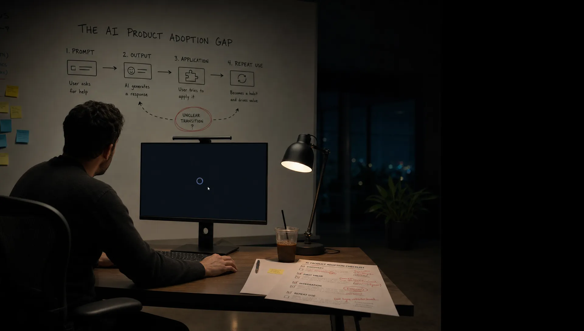 Landscape late-evening office scene in a quiet product workspace, with a single product manager seated left of center and studying a whiteboard that maps a broken AI workflow from prompt to output to application to repeat use, with one transition circled as unresolved. A monitor on the desk faces the camera and shows an empty assistant state with a waiting cursor and no content visible. Their hand rests near a keyboard, and a printed adoption checklist with marked-up notes lies beside a cold coffee and a pen. The room is mostly dark, lit only by monitor glow and a desk lamp, with deep clean shadows, a restrained cool-toned accent, and open space on the right for text overlay.