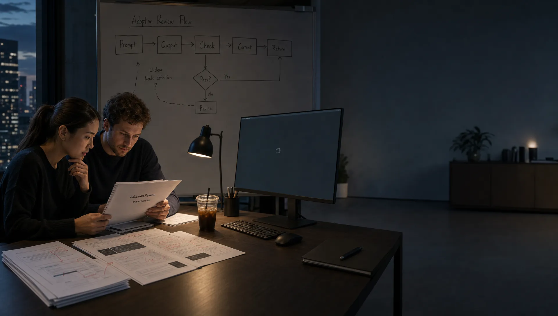 Landscape late-evening office scene in a quiet product workspace, with two product teammates sitting at a table near the left side of the frame and looking down at a printed adoption review packet while one monitor faces the camera and shows an empty interface with a waiting cursor and no content visible. On the table are a cold coffee, a pen, and a stack of marked-up output samples with several edits and arrows. Behind them, a whiteboard is covered with a rough sequence of prompt, output, check, correct, and return, with one branch still unresolved. The room is mostly dark, lit by monitor glow and a small desk lamp, with deep clean shadows, a restrained cool-toned accent, and open space on the right for text overlay.