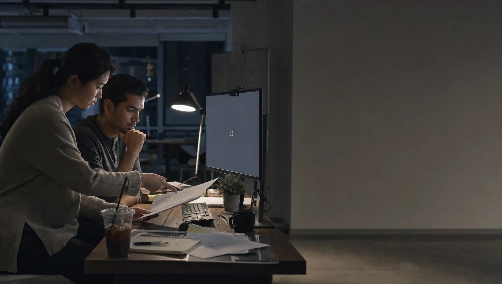 Two product teammates review an AI draft while a monitor beside them shows an empty interface.