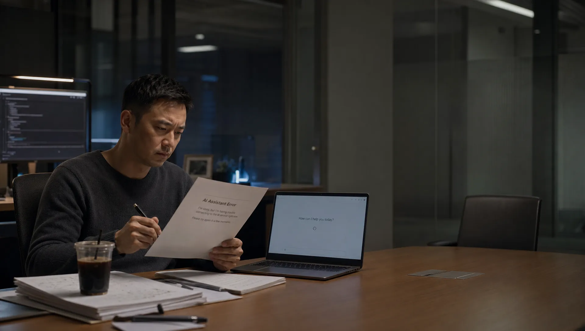 A product manager reads an AI error message beside a laptop with a waiting cursor and source notes on the table.