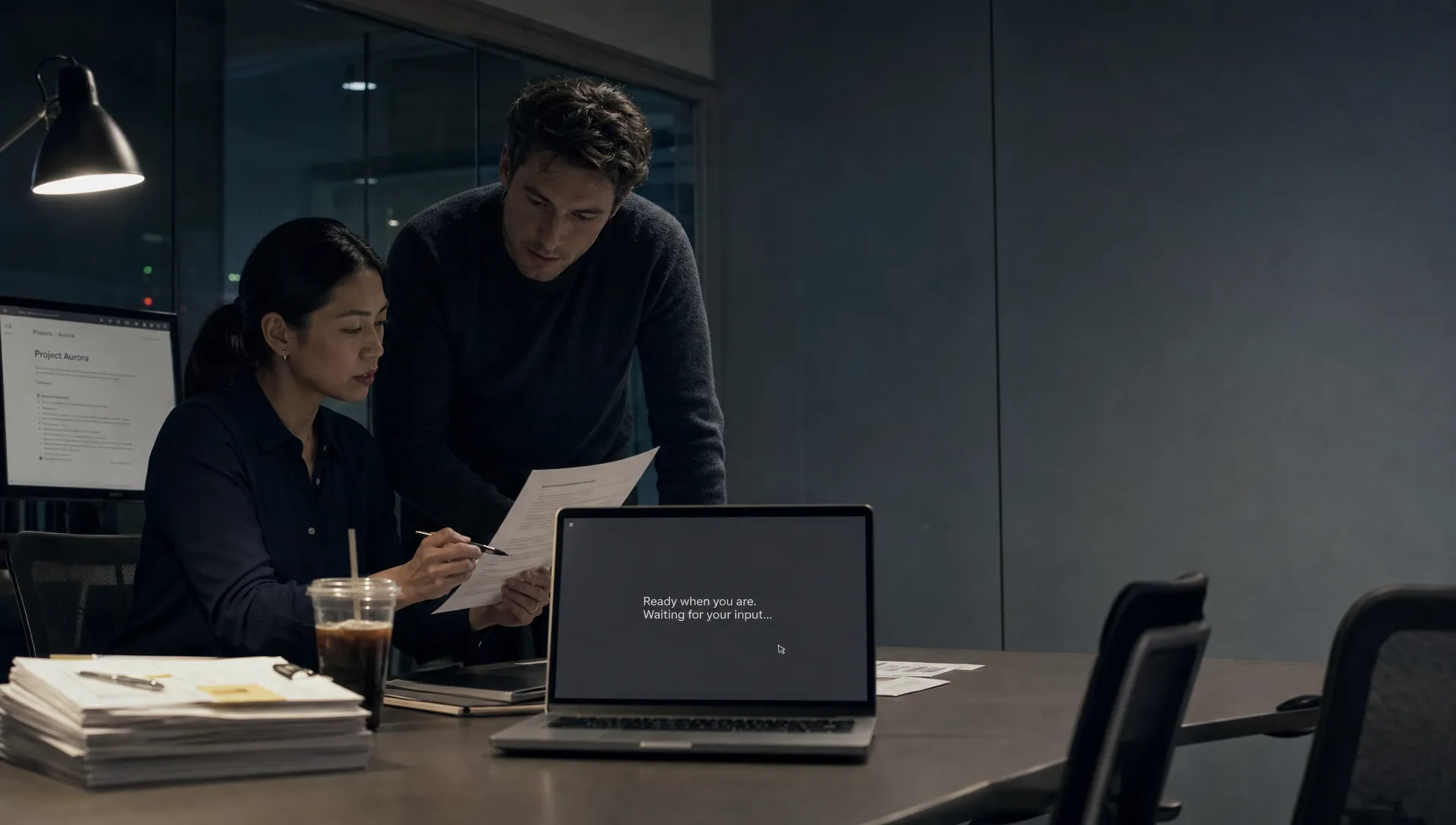 Two product colleagues review an AI draft beside source notes and a laptop during a quiet late-evening check-in.
