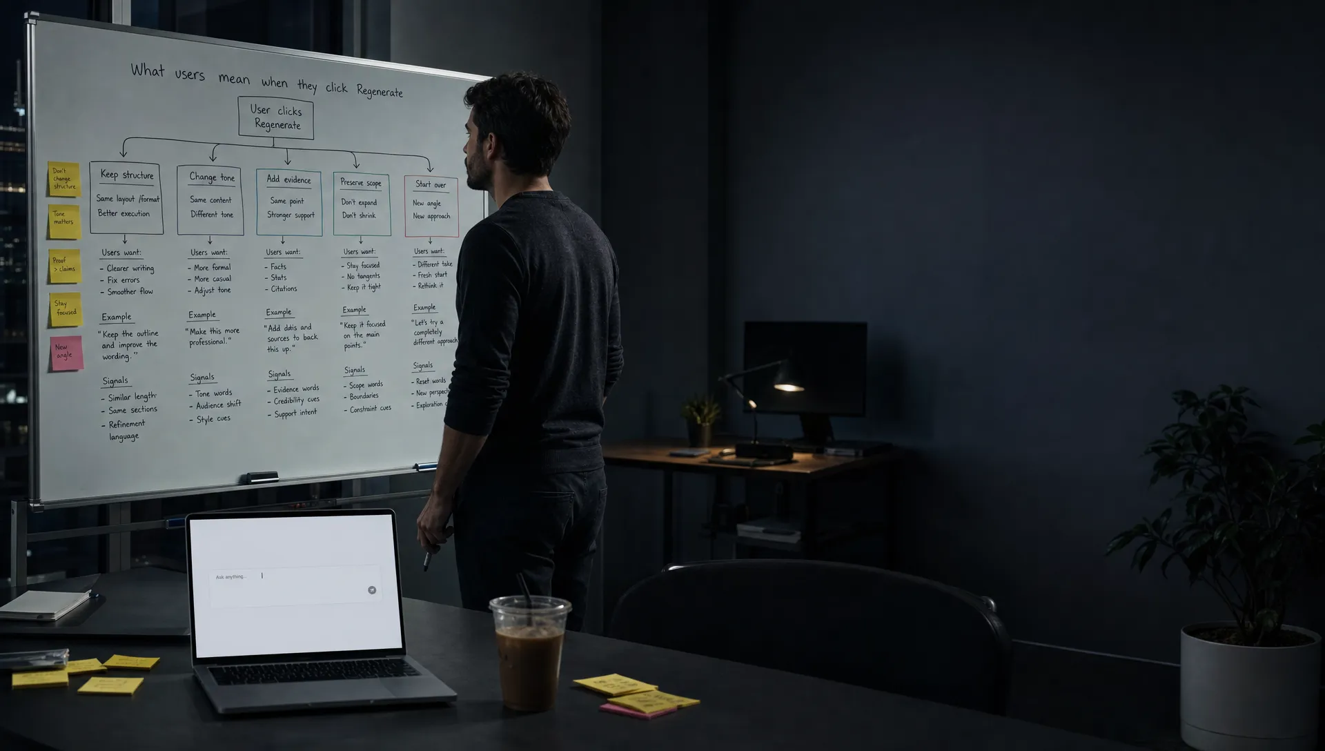 Landscape late-evening office scene, framed wide on a standing whiteboard near the left edge covered with a workflow map about what users mean when they click Regenerate: keep structure, change tone, add evidence, preserve scope, or start over. A single product lead stands just in front of the board, studying the map with a marker lowered, while a laptop on the table faces the camera and shows a blank prompt state with a waiting cursor and nothing displayed behind it. The desk holds a cold coffee and a few scattered sticky notes, and the right side of the frame is open for text overlay. The room is mostly dark with monitor glow and a desk lamp, deep clean shadows, and one restrained cool-toned accent.