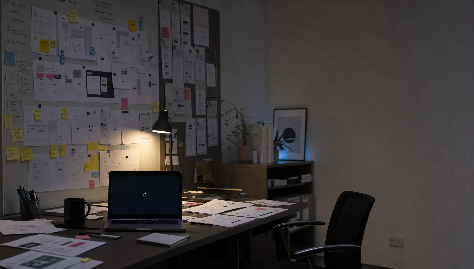 A quiet product room shows sticky notes, printed drafts and a laptop waiting for review.