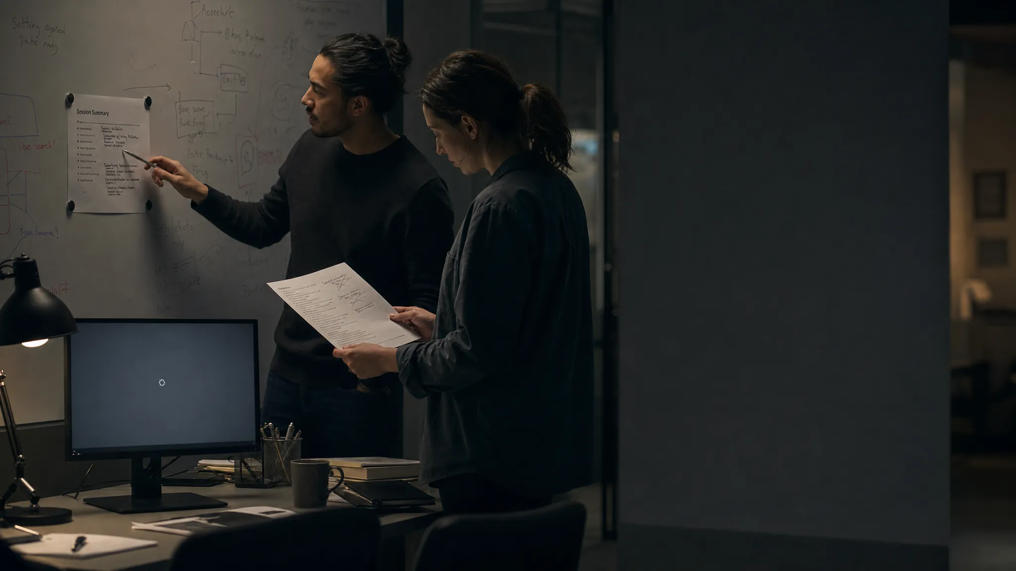 Landscape late-evening office scene with two product teammates standing at a whiteboard and a desk, quietly reviewing a workflow that has been marked up and partially erased. One person points at a pinned session summary on the board while the other studies a printed transcript with notes and crossed-out lines. A monitor on the desk faces the camera and shows a mostly blank working area with a waiting cursor and nothing else displayed. The group sits left-of-center, with open space on the right for text overlay. Practical desk lamp and monitor glow only, deep clean shadows, a restrained cool accent, tense and unresolved mood, like a team trying to pin down where the session lost the thread.