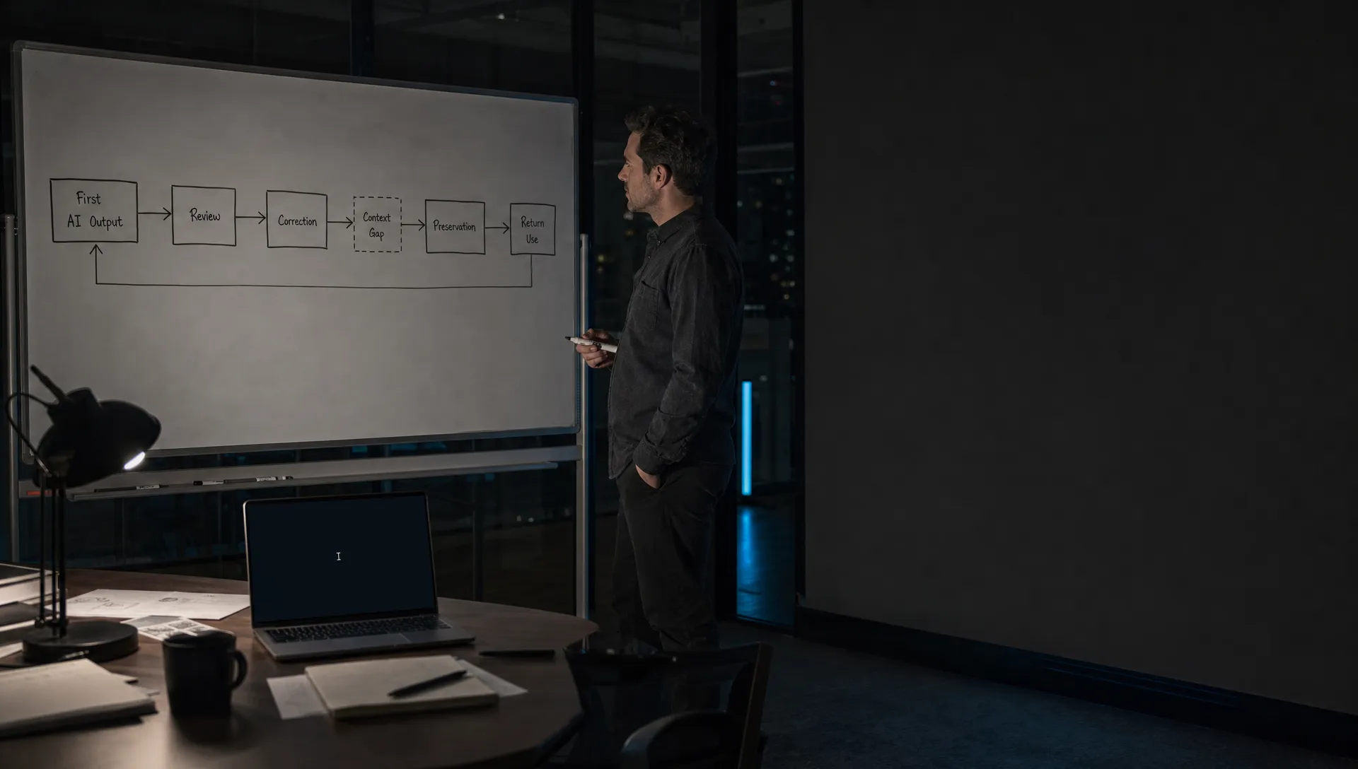Landscape late-evening office scene, framed wider on a standing whiteboard left of center that maps the path from first AI output to review, correction, preservation, and return use, with one transition boxed as unresolved. A single product lead stands near the board with a marker in hand, studying the flow rather than presenting it. A laptop on the table faces the camera and shows a blank drafting state with a waiting cursor and nothing displayed behind it. The right side of the frame is open for text overlay. The room is mostly dark, lit by monitor glow and a desk lamp, with deep clean shadows and one restrained cool-toned accent.